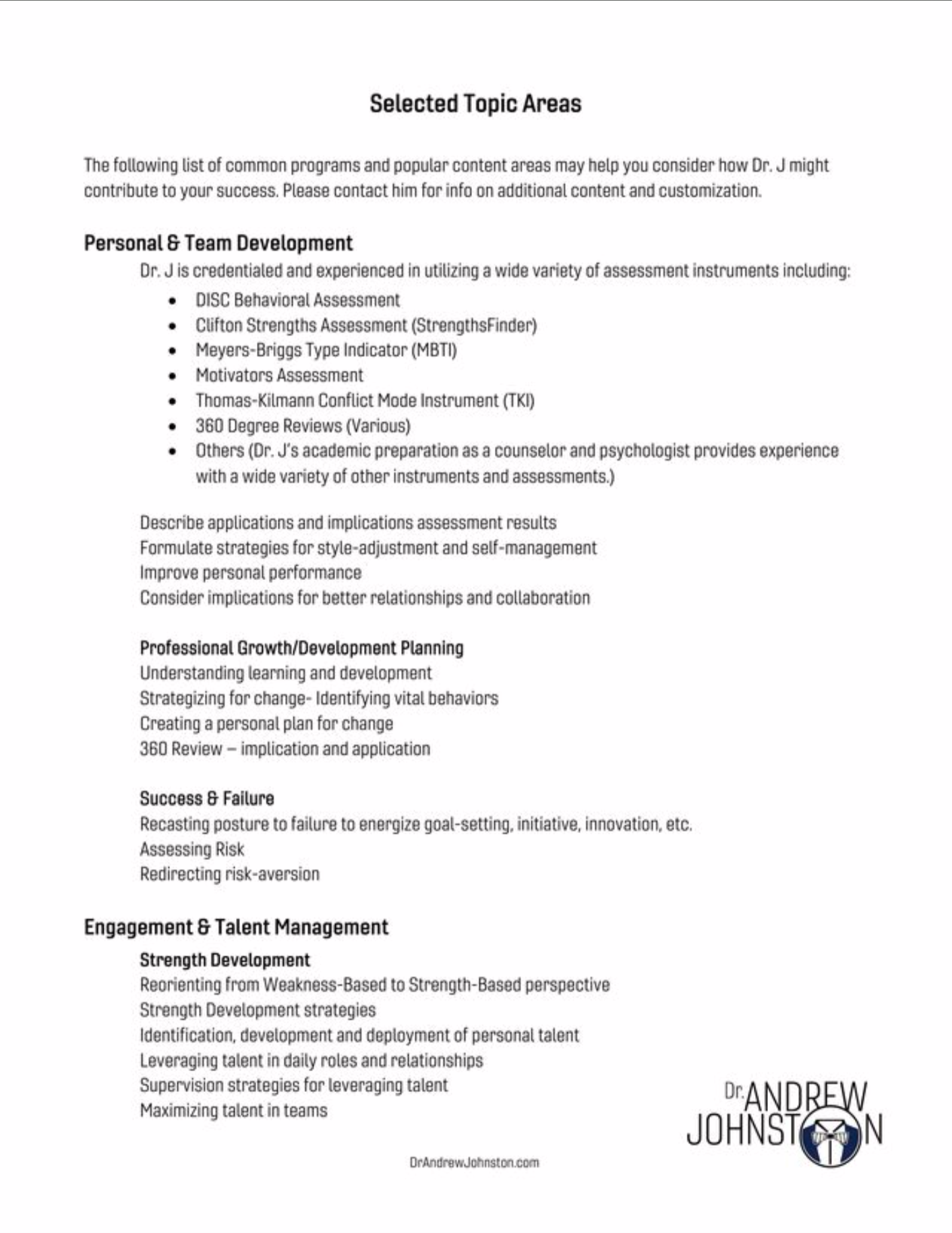 Dr. J Selected Topic Areas