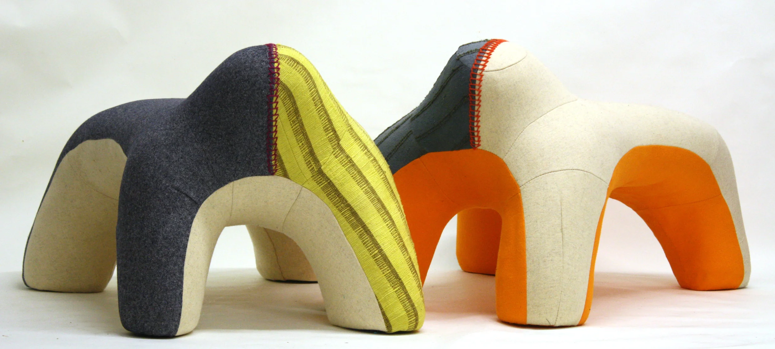   Sloth 1, Sloth 2 , 2012  Sloth 1 (blue/yellow): Hand-dyed vintage linen and wool weave, woven wool, industrial felt  Sloth 2 (blue/orange): Hand-dyed vintage linen and jute weave, woven wool, industrial felt 