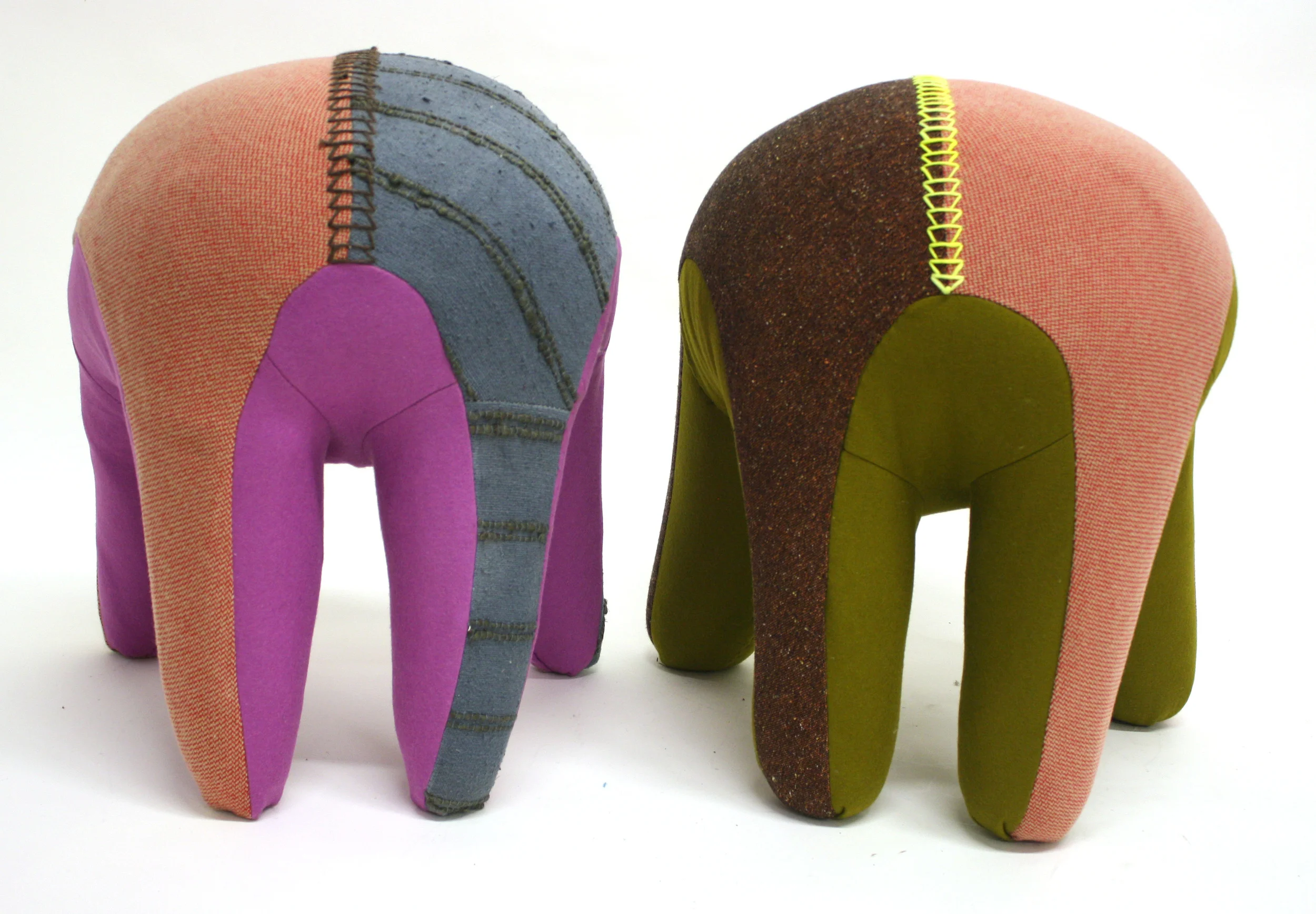   Shy Boy, Shy Girl , 2012  Girl (blue/purple): Hand-dyed vintage linen and wool weave, woven wool, industrial felt  Boy (green/red): Woven wool, industrial felt 