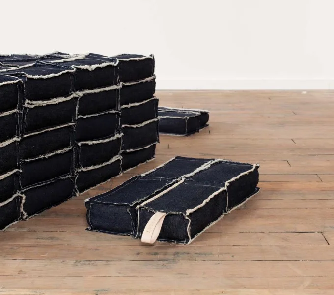 Support (detail), 2014 denim, thread, salt Image courtesy of Volume Gallery, Chicago, IL.