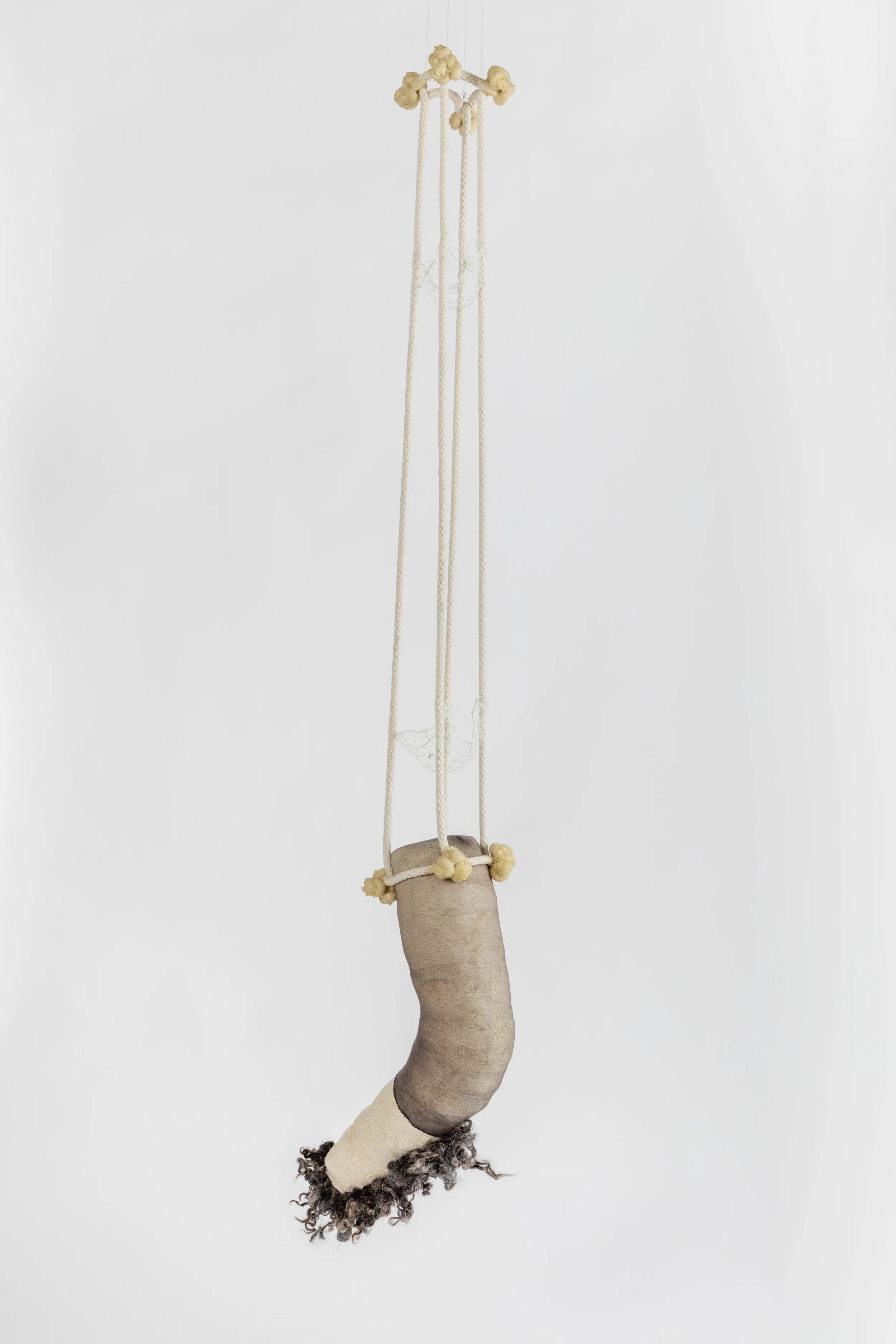 Tanya Aguiniga Structures of Opression , 2016 Cotton rope, cotton thread, foam, gaze, self-drying clay, wool, nylon and beeswax 49 x 13 x 4.5 inches
