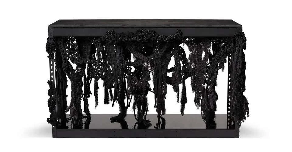 Kelp Forest , 2016  Plated Metal, Hand-Woven Wool, Hand-Woven Jute, Hand-Woven Silk, Blackened Fir, Mirror.   36 x  60 x  18 inches