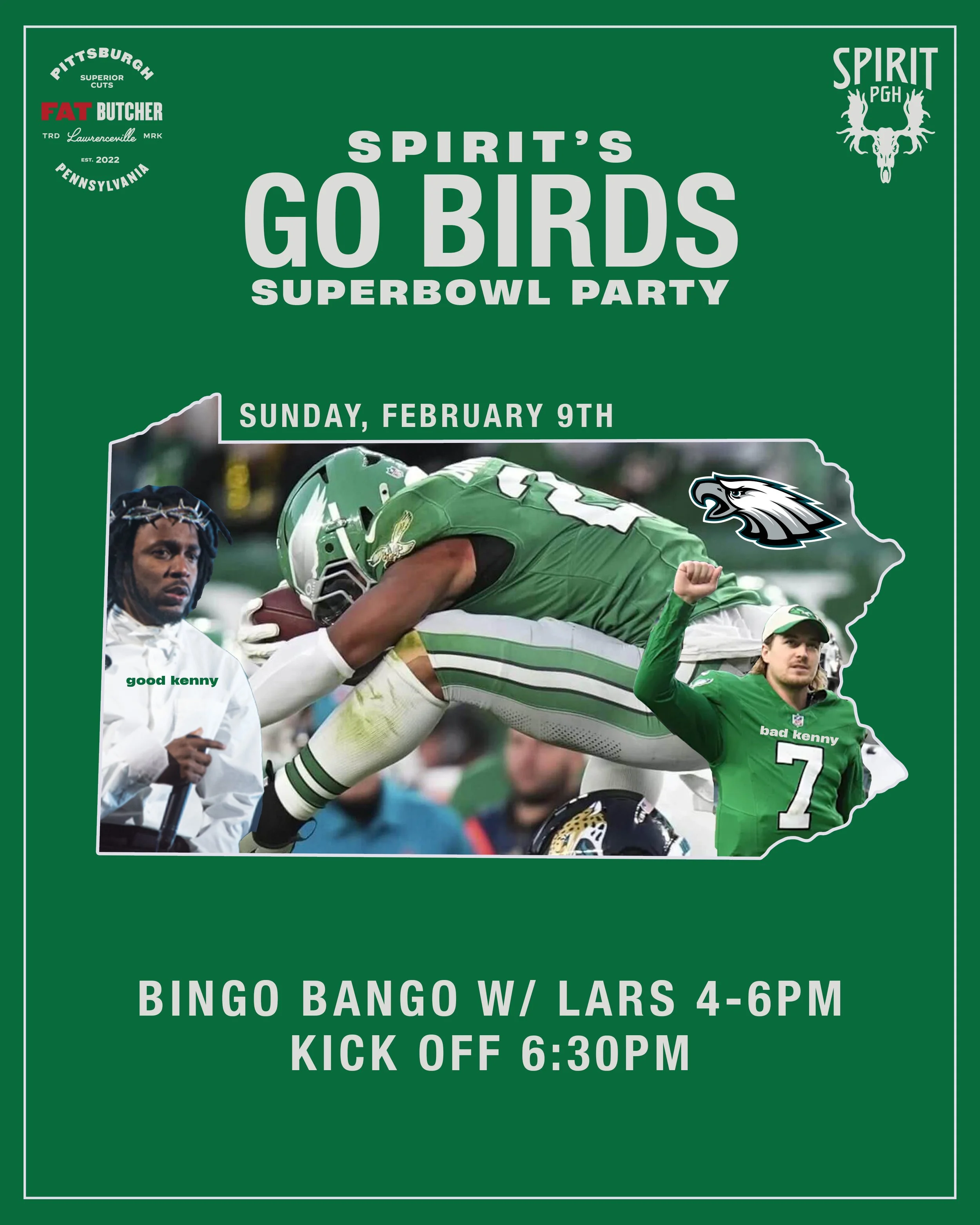 Spirit's GO BIRDS Superbowl Party + Bingo Bango