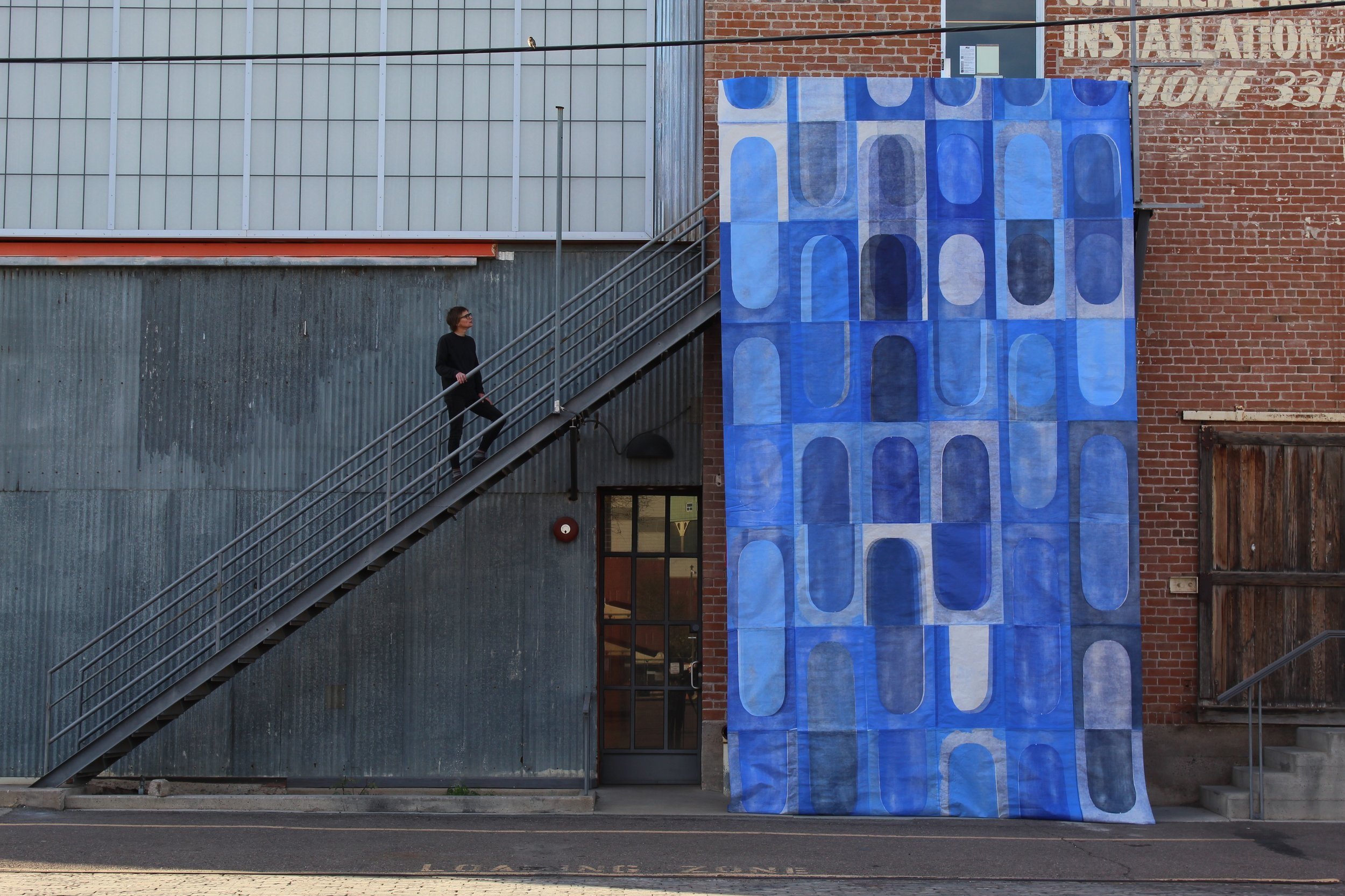   Blue Portal (unfolded)    2023  oil on paper, glue (woodcut collage)   296 x 150 inches  