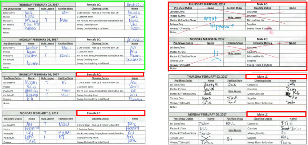 The green areas show what was completely filled out, while the red are areas that we need to correct and improve upon.
