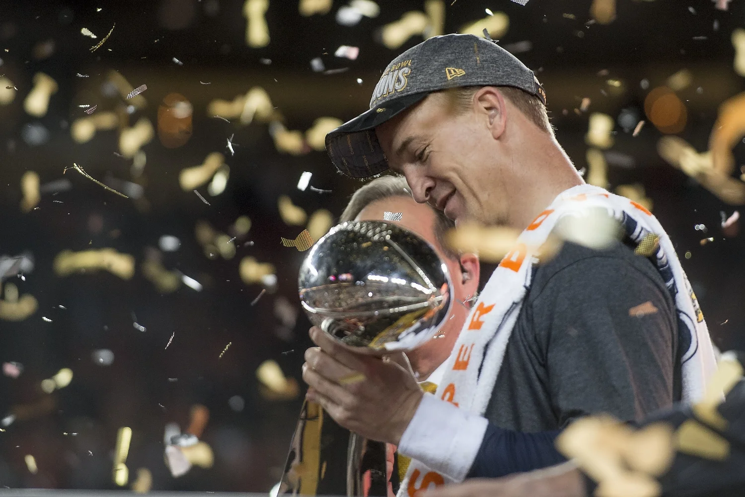 Denver Broncos quarterback Peyton Manning (18) holds the Lombardi Trophy following Super Bowl 50 on Sunday, Feb. 7, 2016 at Levi's Stadium in Santa Clara, Calif. The Broncos won the game, beating the Carolina Panthers 24-10.