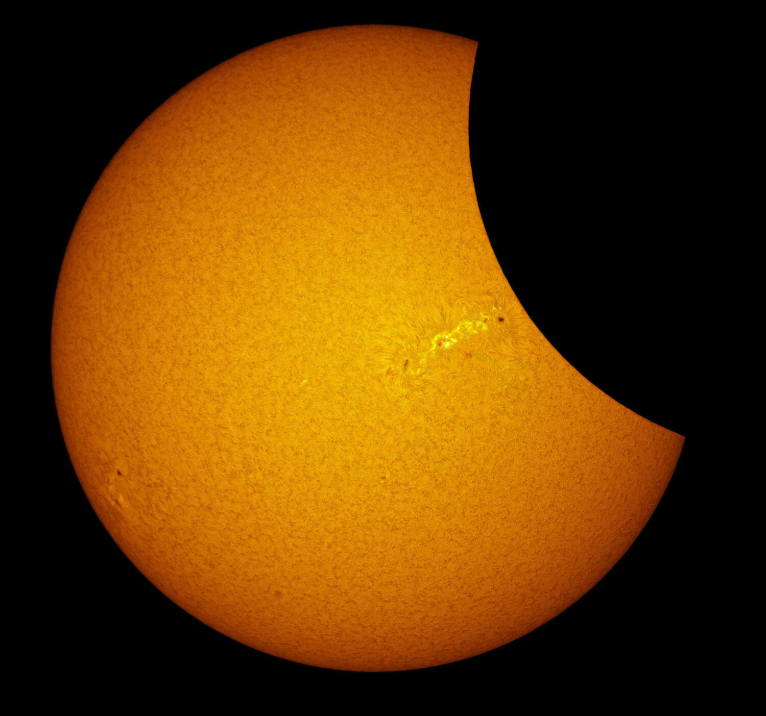  In this image in Hydrogen-alpha light derived from video and in false color, sunspot activity is clearly visible as the moon partially obscures the sun during the total solar eclipse near Mitchell, OR on Monday, August 21, 2017. 