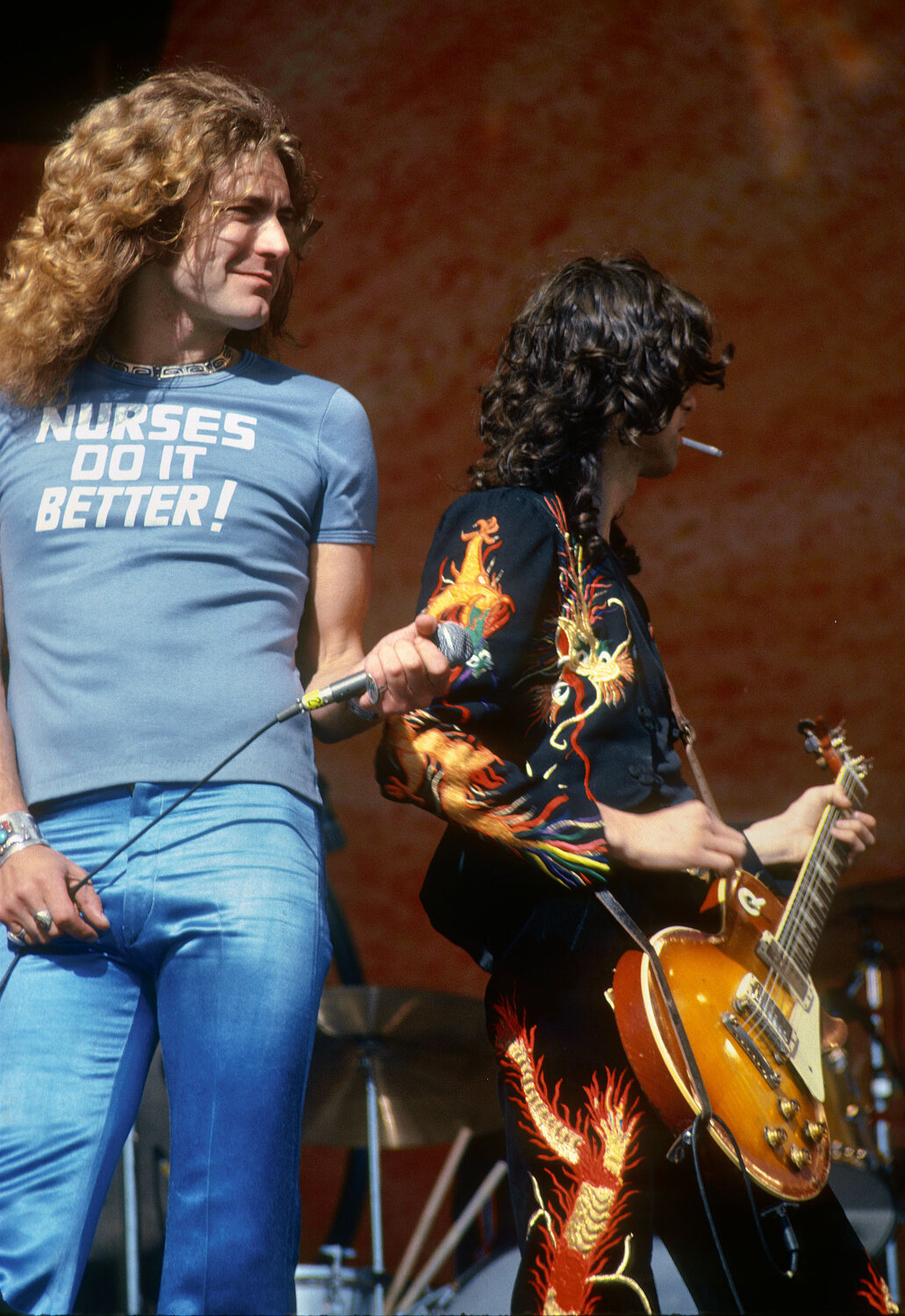  Robert Plant and Jimmy Page of Led Zeppelin perform at the Oakland Coliseum July 23, 1977. 