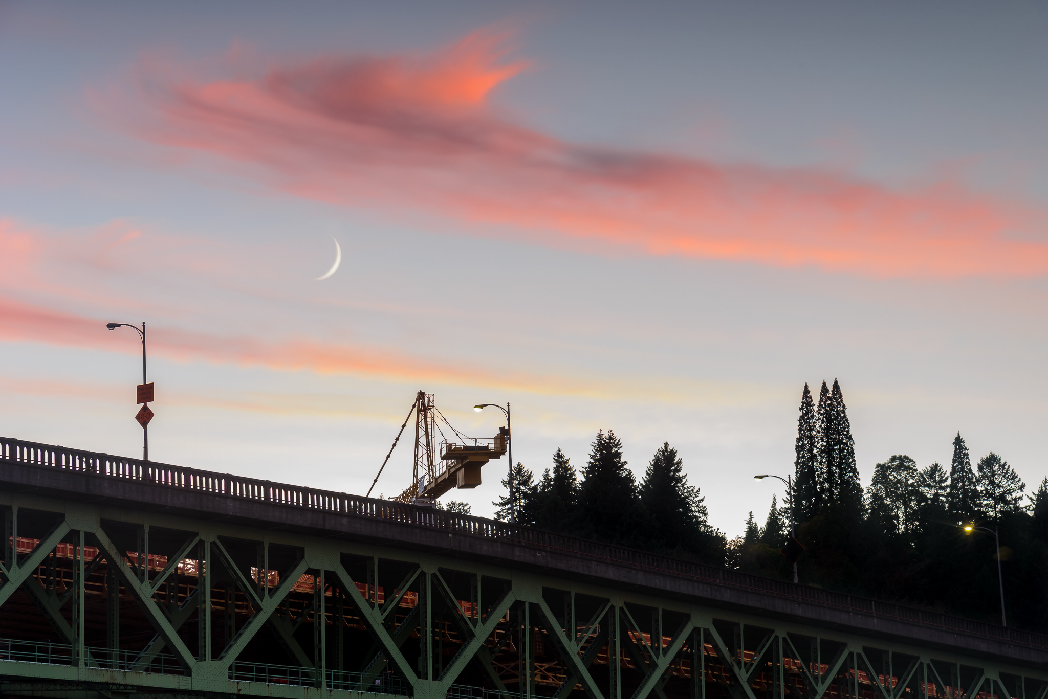  The Sellwood Bridge and a wee sliver of moon welcomed me on my first night in town.&nbsp; Sellwood, Portland. 