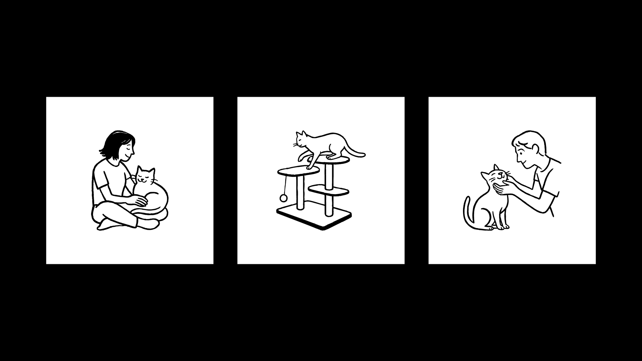 Three panels showing a person playing with a cat. In the first panel, a woman sits cross-legged petting a cat on her lap. In the second panel, a cat is walking on a multi-level cat tree. In the third panel, a grid person is sitting on the floor, gently holding a sitting cat and facing each other.