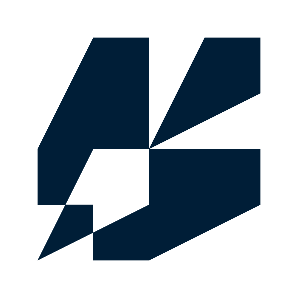A stylized, geometric number 42 composed of dark blue 3D blocks.