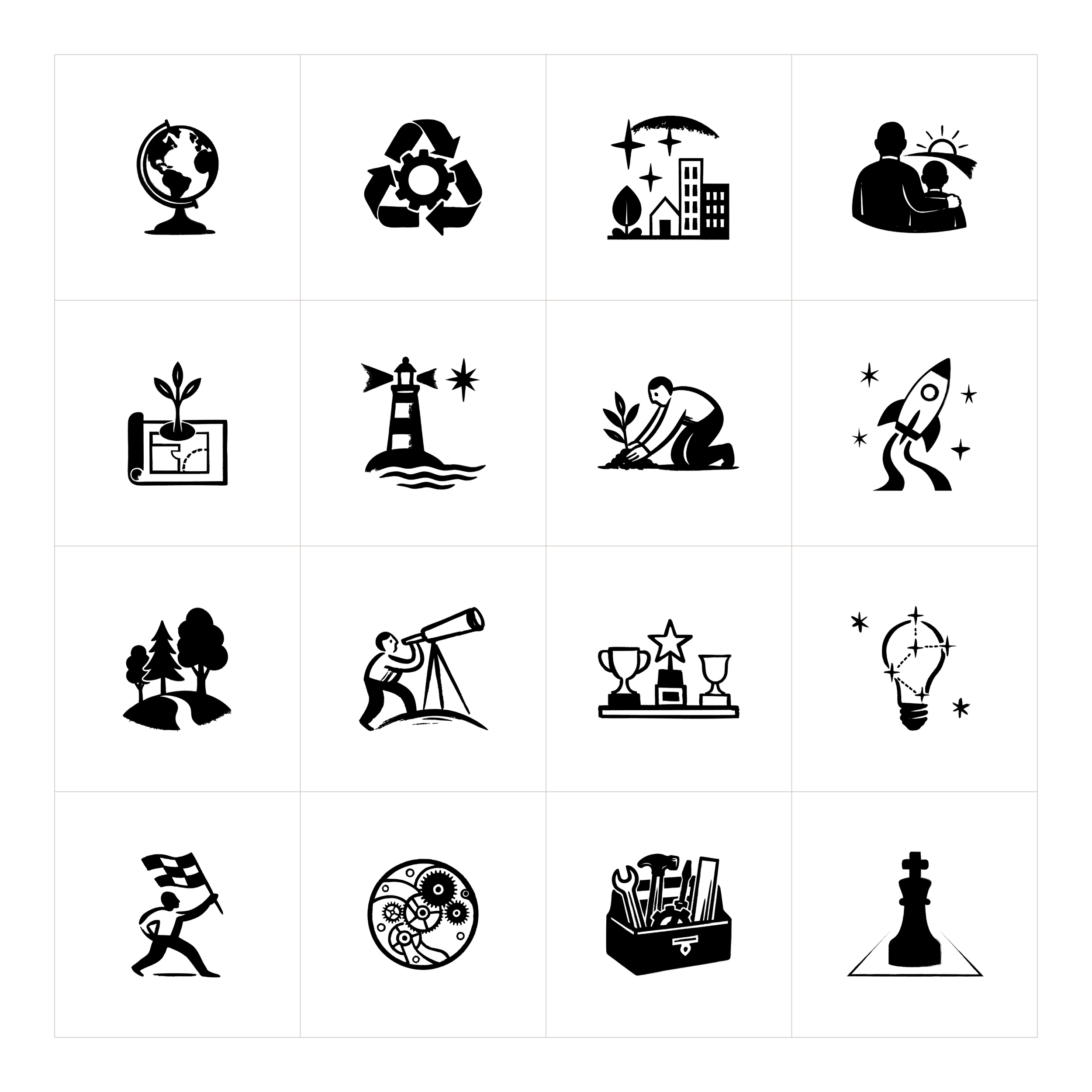 A grid of 16 black and white icons representing environmental conservation, exploration, and achievement, including a globe, recycling symbol, cityscape, parent and child watching sunrise, plant in document, lighthouse, person planting, rocket launching, trees, person with telescope, trophies, light bulb, person with checkered flag, gears, toolbox, and a chess king.