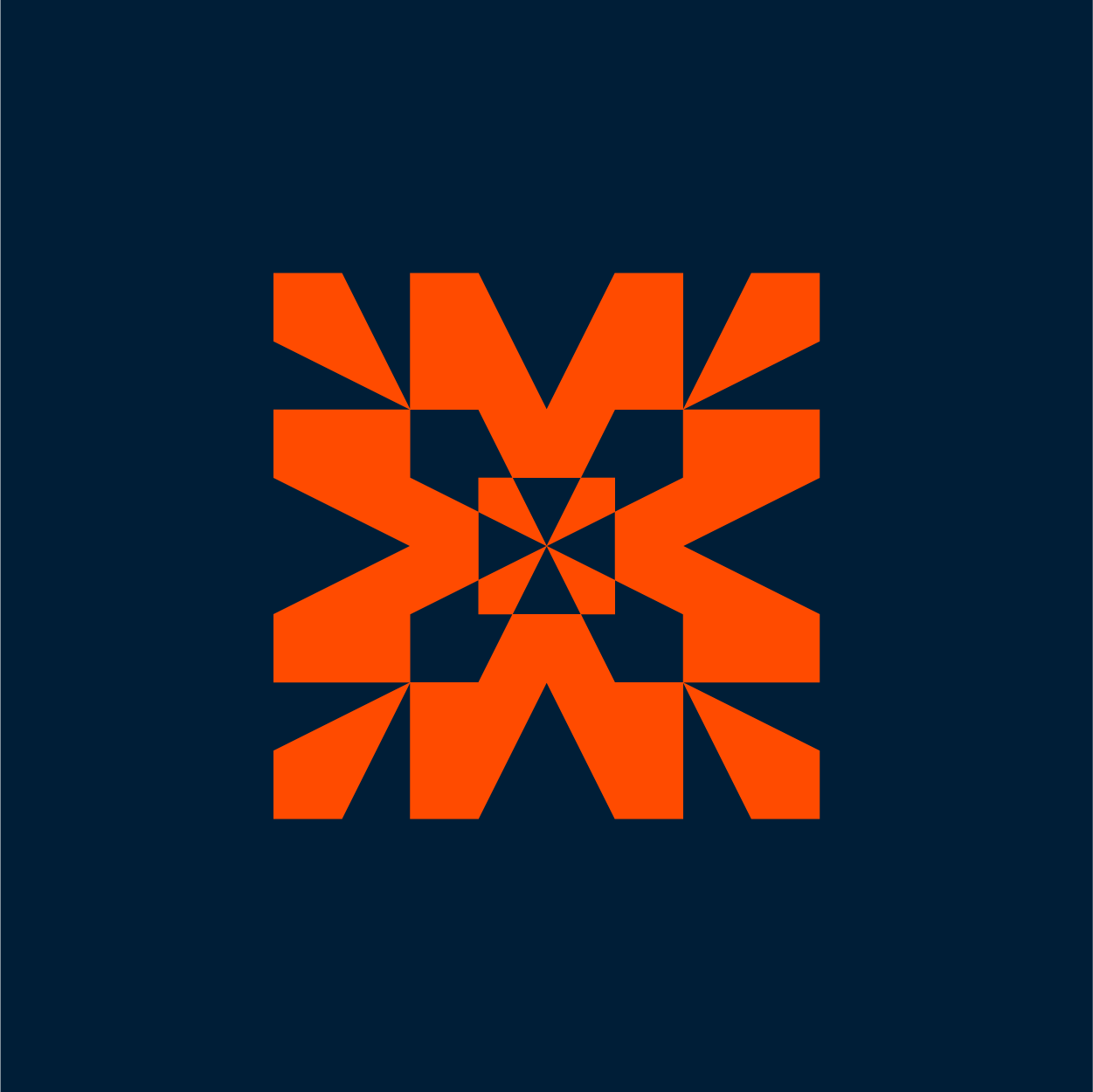 A geometric pattern with orange and dark blue colors, creating a symmetrical starburst-like design.