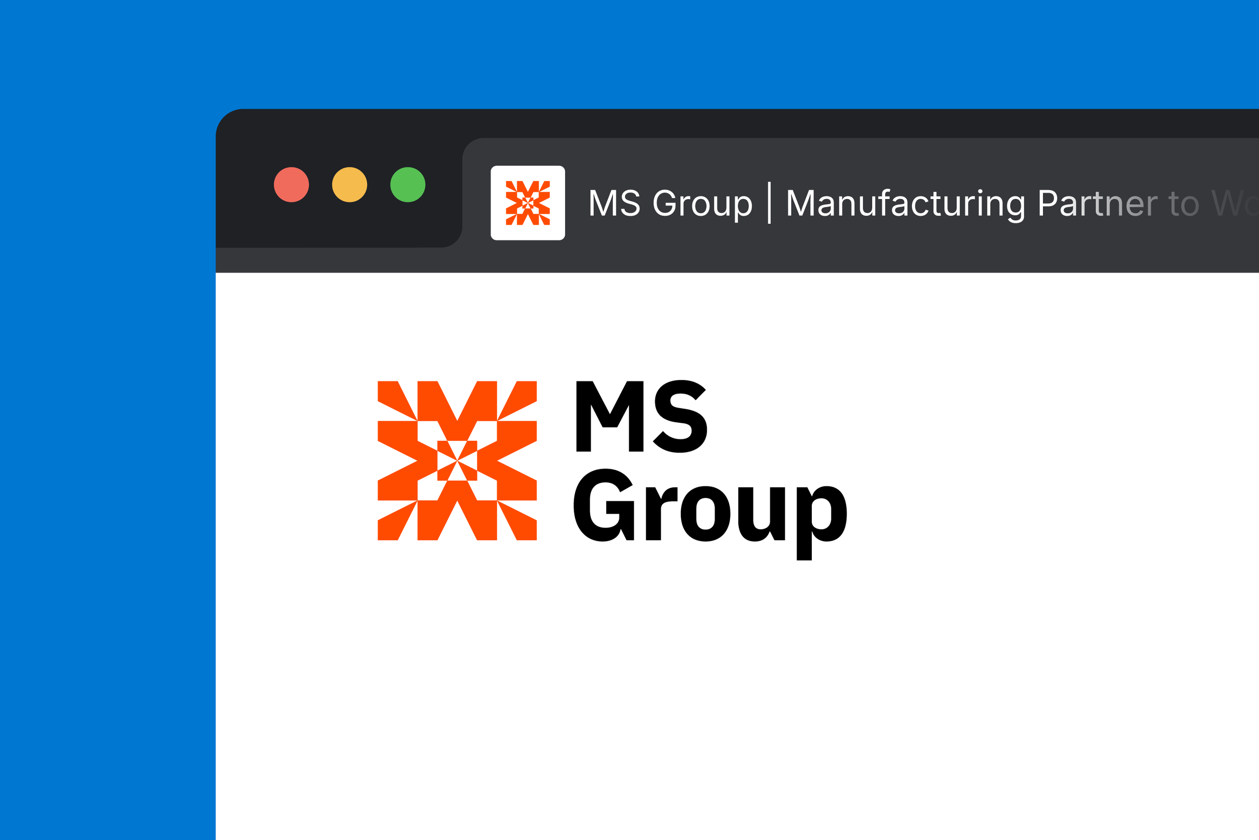 Screenshot of a web page featuring the MS Group logo and name, with a navigation bar that includes the MS Group name and a gear icon on the left, set against a blue background.