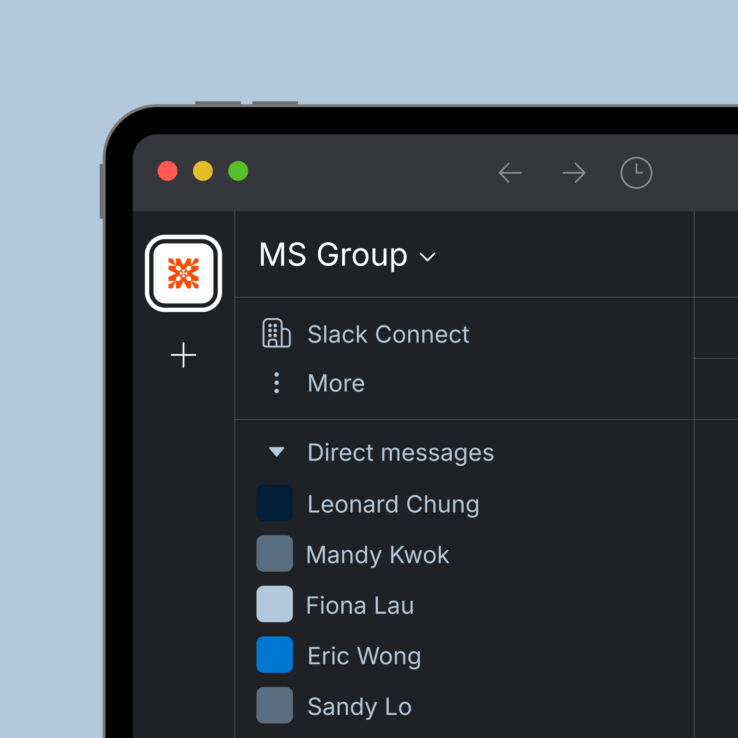 Screenshot of a messaging app window showing a chat group named 'MS Group' with direct messages from several people and a Slack Connect section.