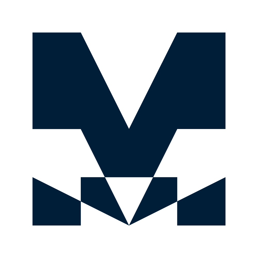 Abstract geometric design with dark blue shapes forming a stylized letter M