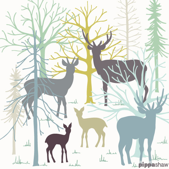 Deer and stags in a snowy wood