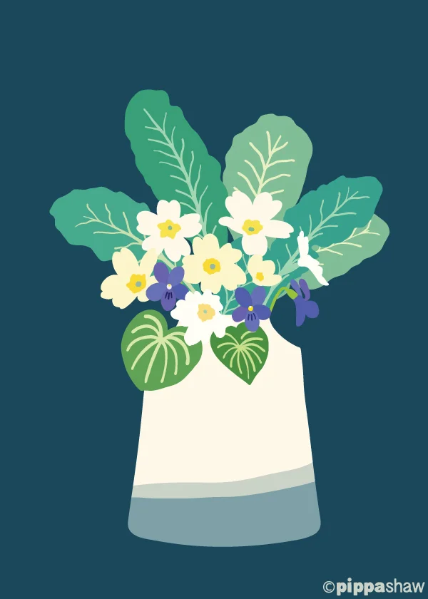 vase with primrose and violets by Pippa Shaw