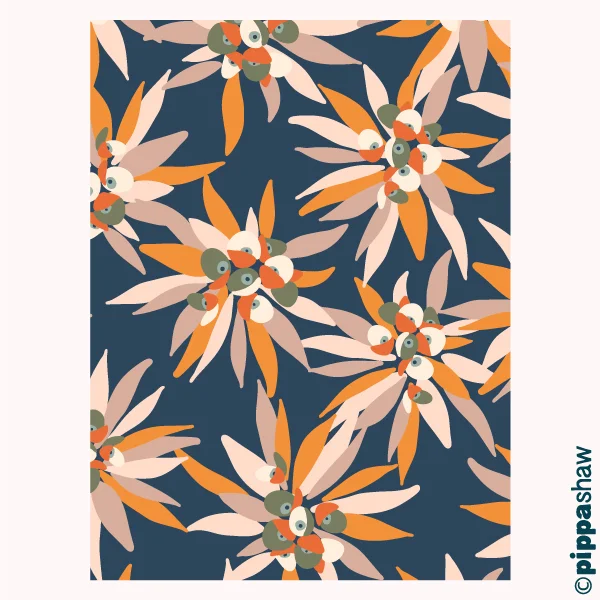 I can imagine this euphorbia design printed on silk dress fabric for Fall/Winter, or it could make some striking wallpaper or even a statement rug...