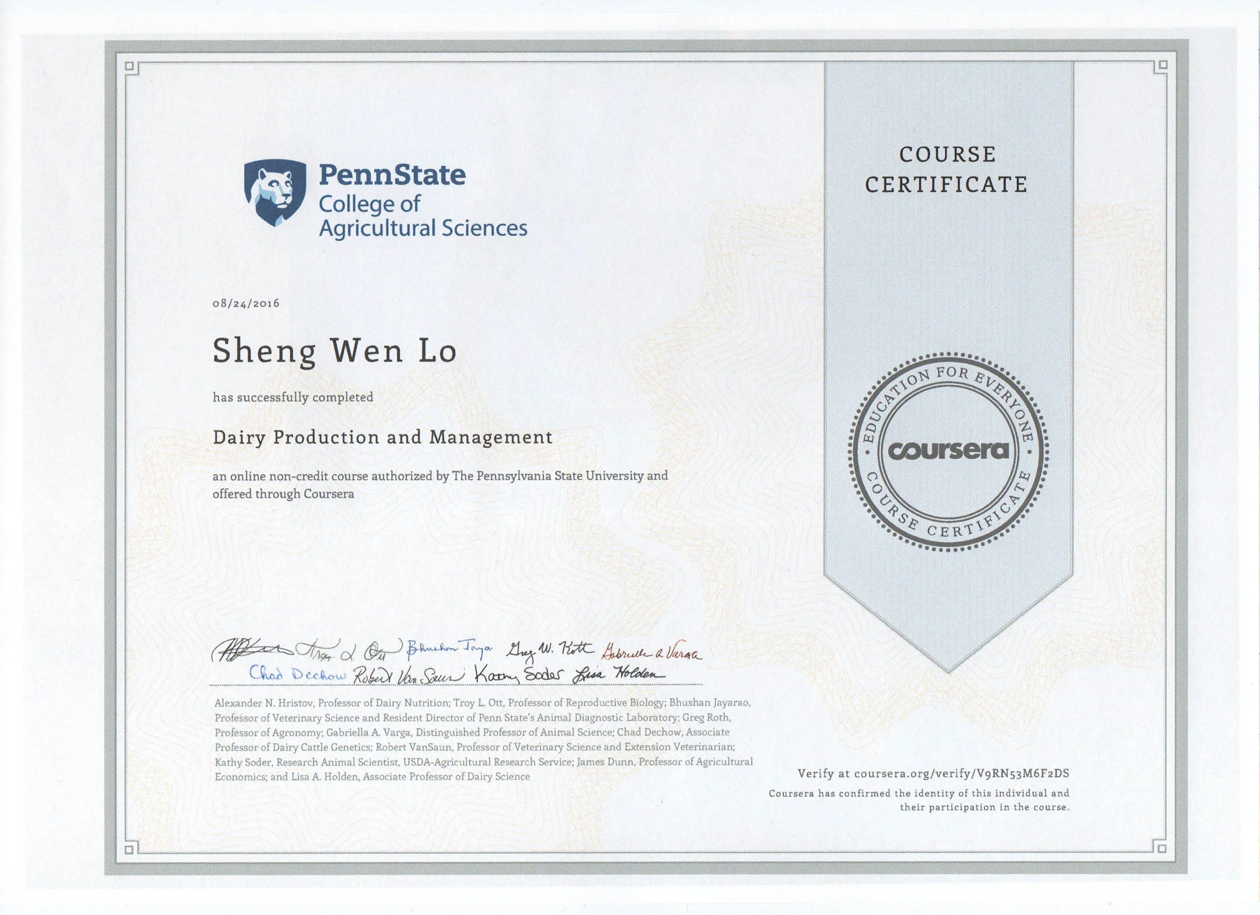 For preparation and background research: " Dairy Production and Management " from PennState University's College of Agricultural Sciences. (Of course, it is just another "certificate".)