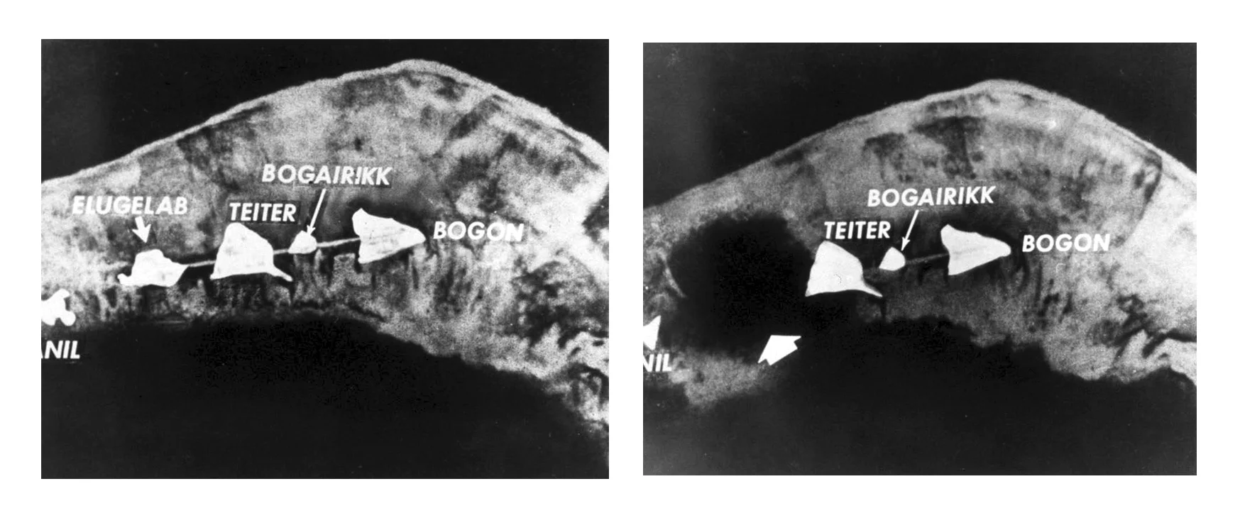 Aftermath of Ivy Mike detonation at Enewetak Atoll (1952) The two archival images show the Enewetak Atoll before and after the Ivy Mike detonation. Note that the island of Elugelab on the left had disappeared. Chuck Hansen, The Swords of Armageddon: U.S. Nuclear Weapons Development Since 1945 (Sunnyvale, CA: Chukelea Publications, 1995). Web Source: Wikimedia Commons 這兩張檔案照是「常春藤麥克」氫彈在埃內韋塔克環礁試爆前後的對照圖,左邊的伊魯吉拉伯島在爆炸後消失。