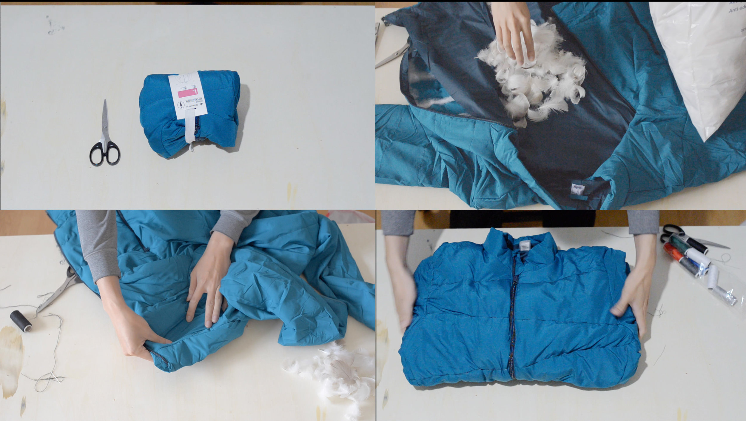 Video still - Filling, sewing and making the down jacket with collected goose feathers (80g, about 50% of what I planned for). Shell used: NH100 from Decathlon (synthetic materials removed).