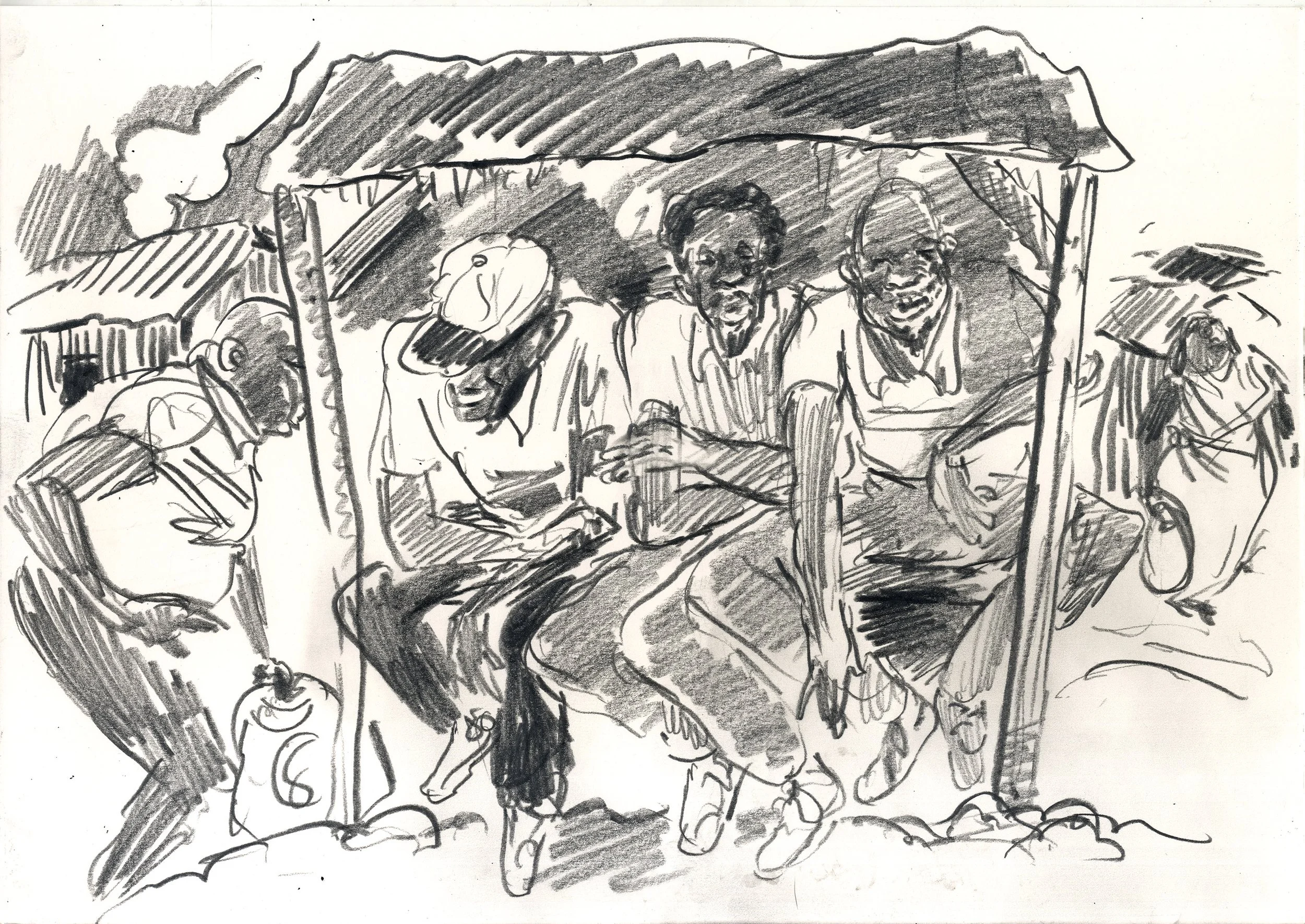 Three men under shelter, Mukuru, Nairobi