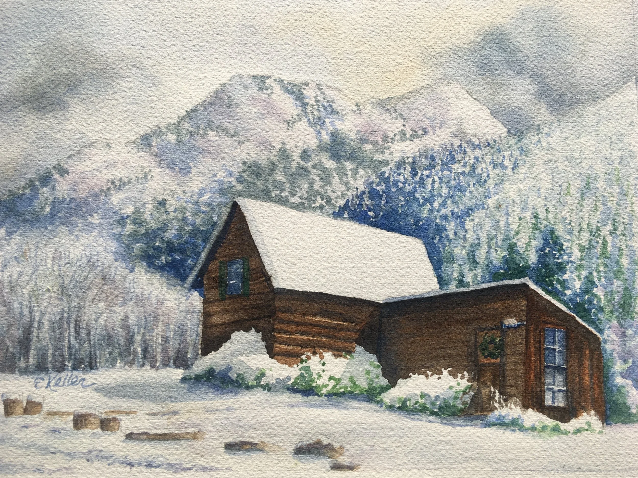 Crystal city cabin in snow