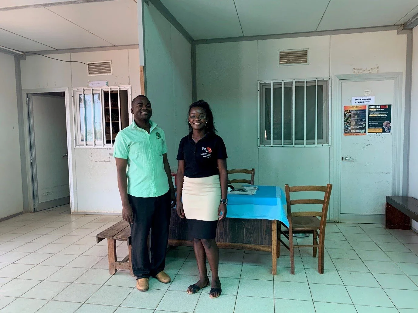 Victor (CO) and Stellah (VDrs admin) in the reception area of Zambia Helpers Society Hospital