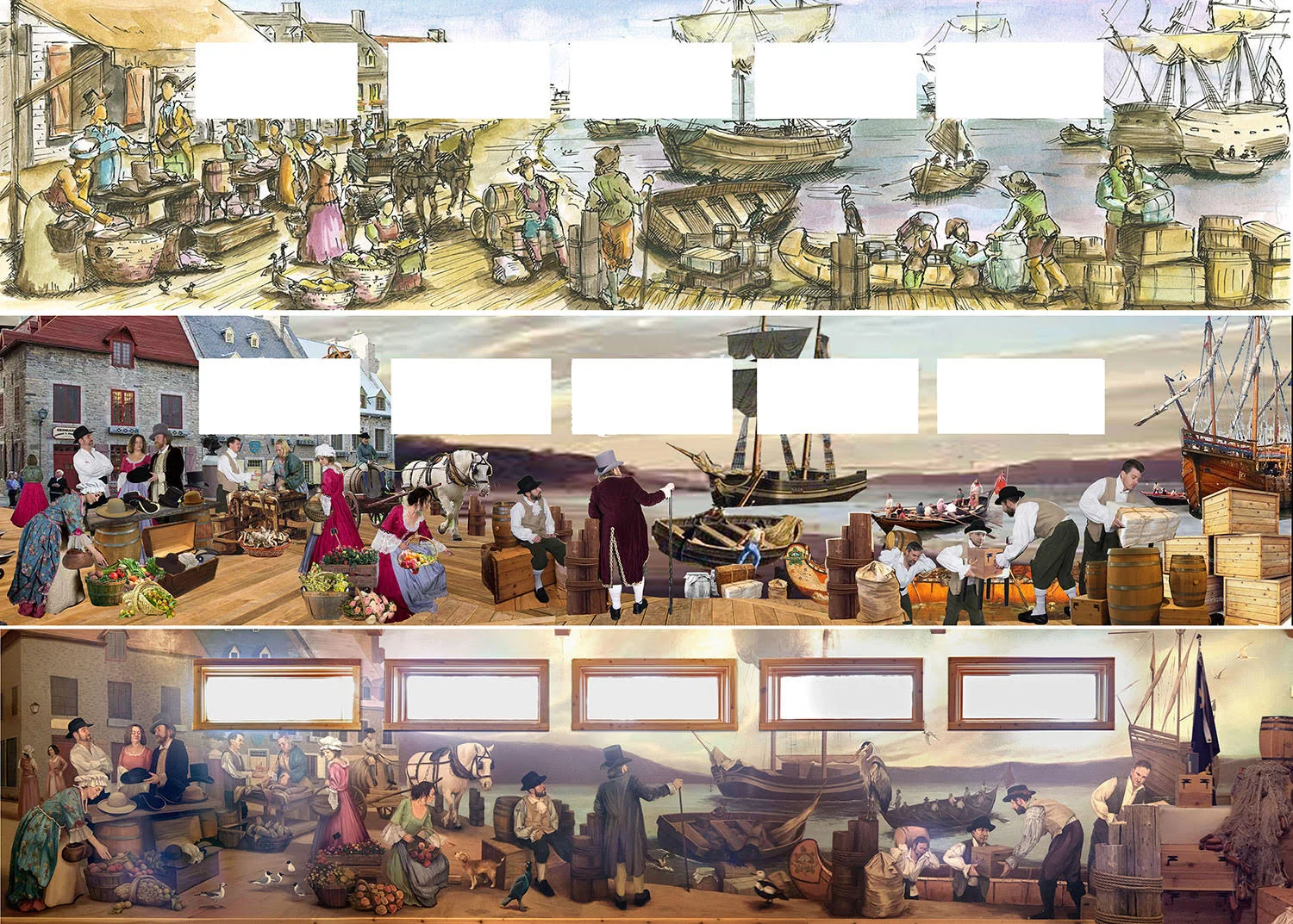 1. Sketch, 2. Mock-up, 3. Final mural installed
