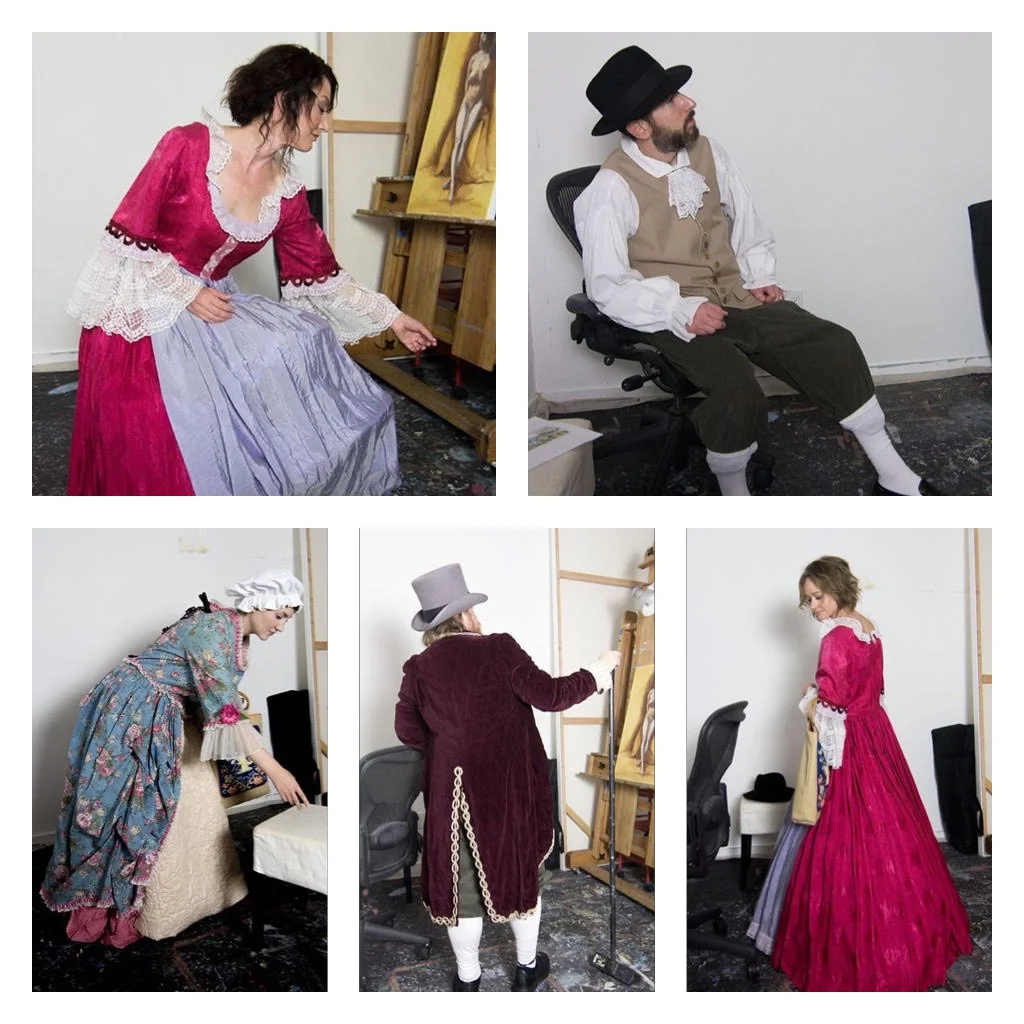 Models in period costumes for reference photos.