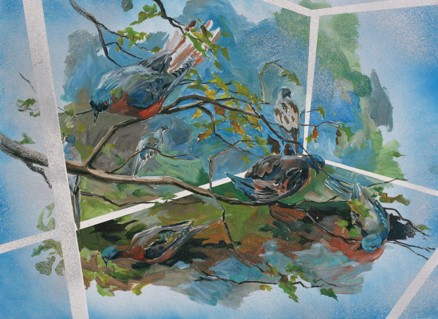 “Passenger Pigeons, Blue Terrarium” mixed media on paper