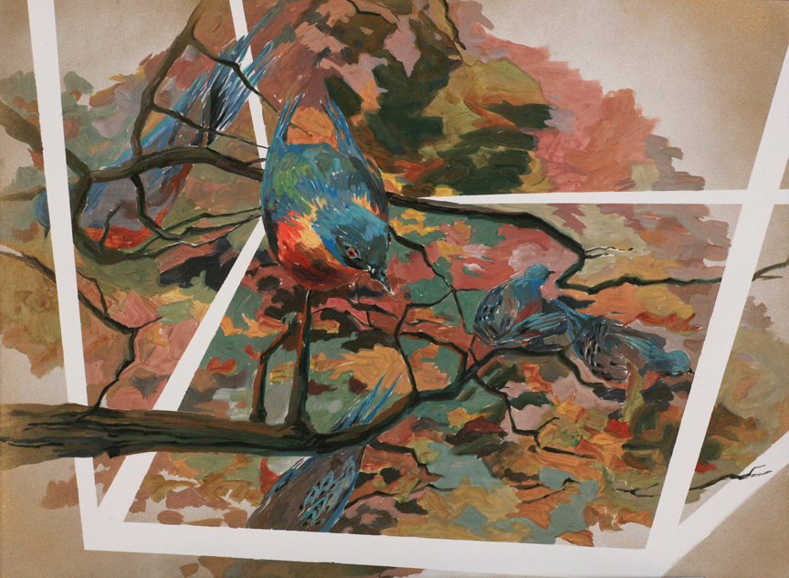 “Passenger Pigeons, Gold Terrarium” mixed media on paper