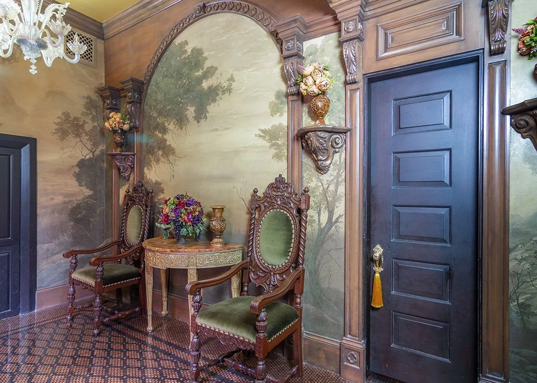 Monochrome landscape mural in style of Hudson River Valley art school. Antique crackle finish.