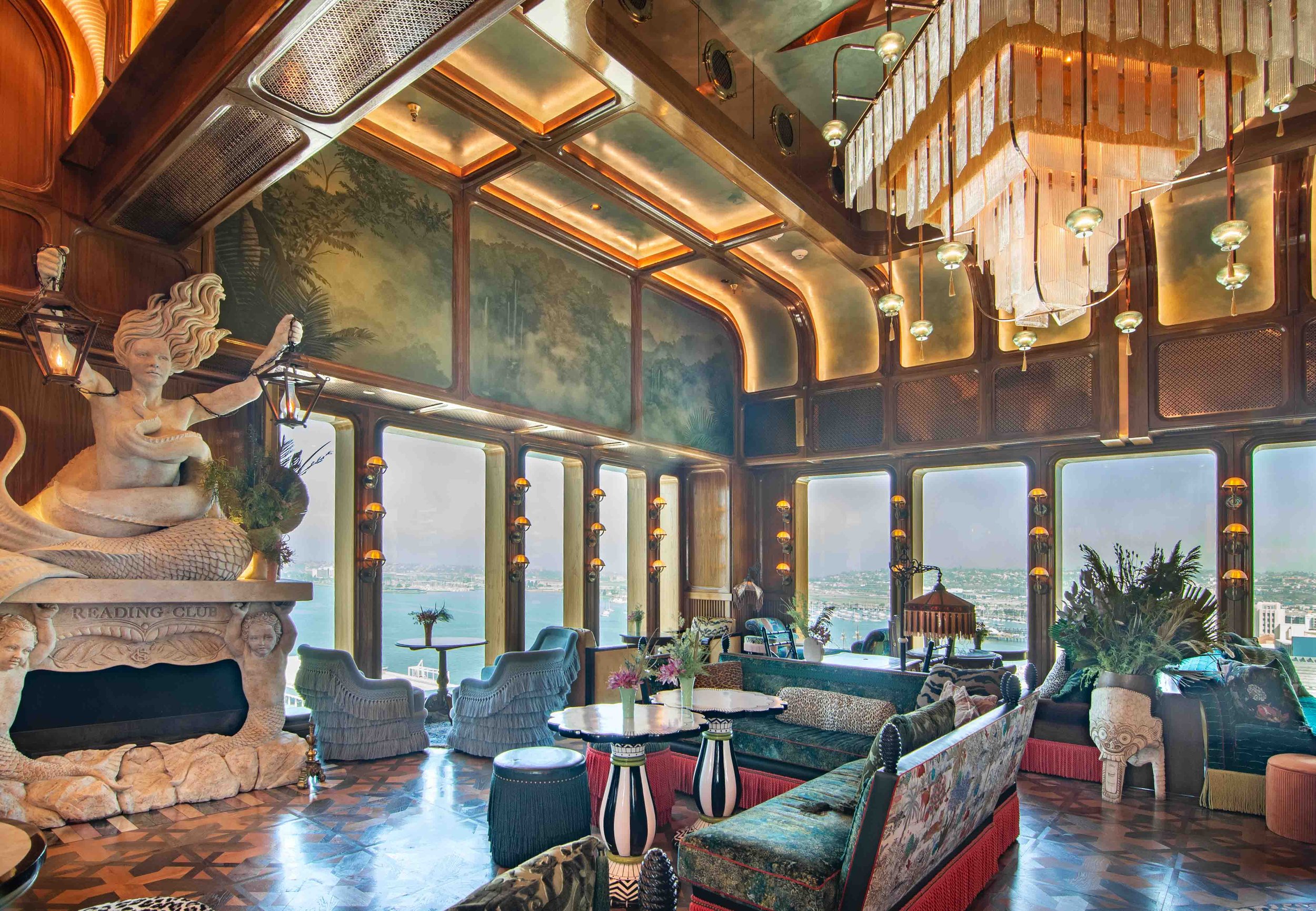 Mural of rainforest and waterfalls in The Reading Room in San Diego, at Seneca Trattoria