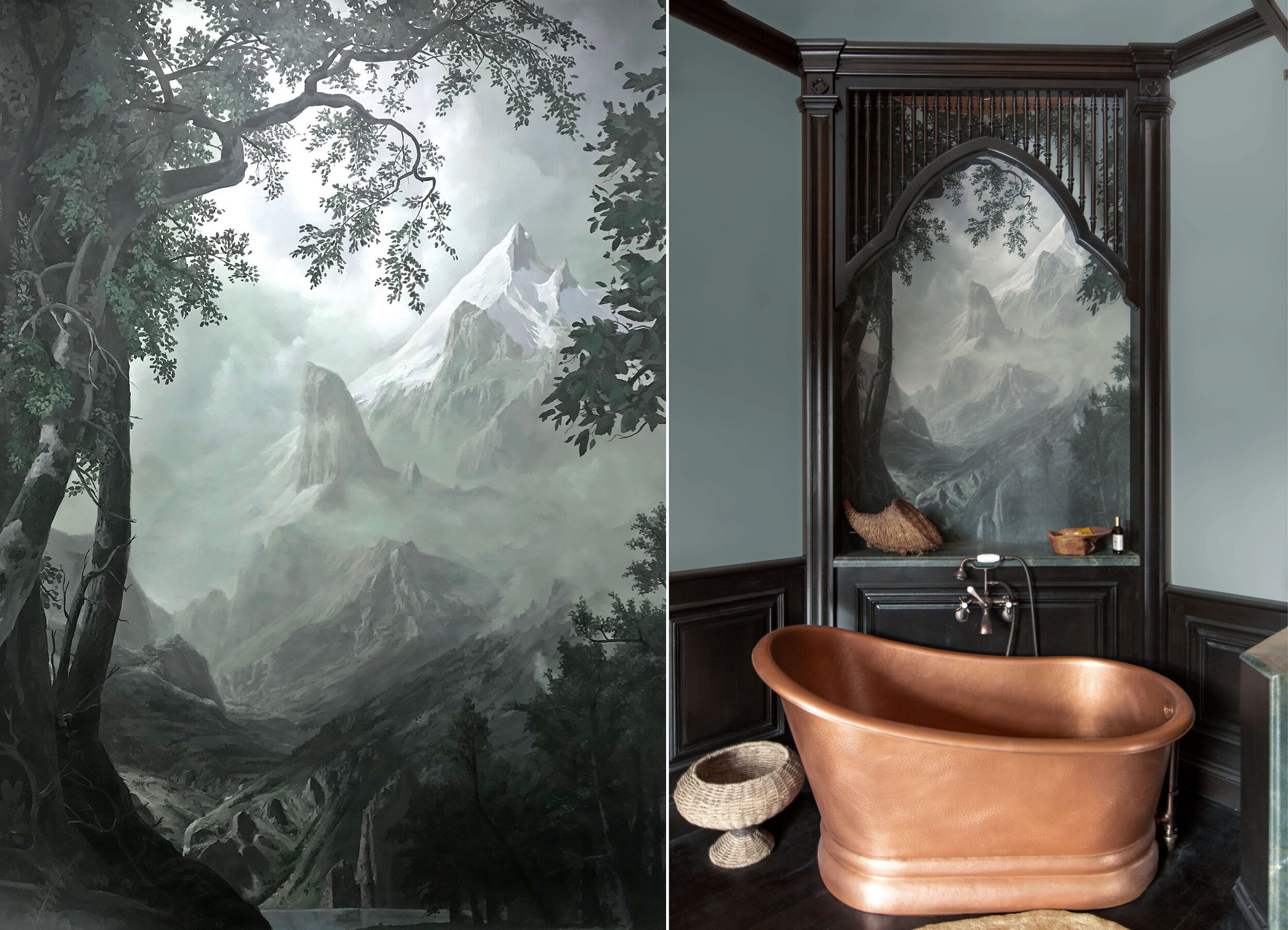 Mountain landscape mural in bathroom