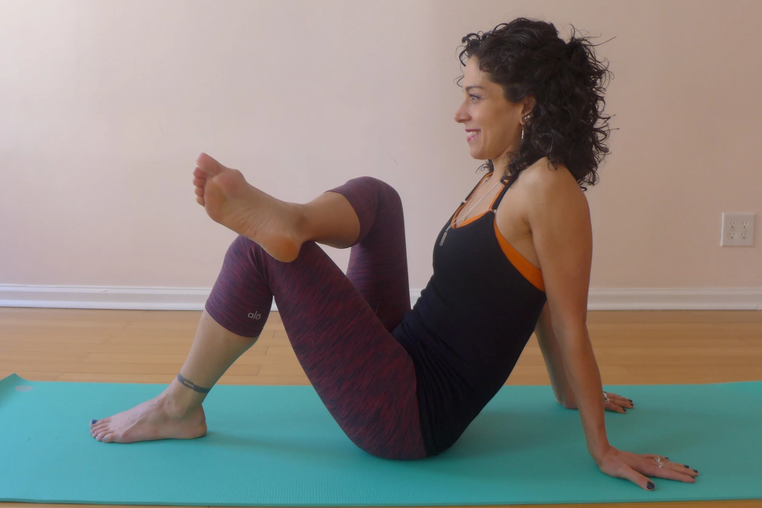 ANKLE TO KNEE: This is a good variation to protect your knees and isolate the stretch in the outer hips. Press down into your hands and feet. For a more intense stretch, bring your grounded foot closer to your sitting bones. Engage the core. Hold for 10 breaths, then change sides. You can also do this pose on your back.