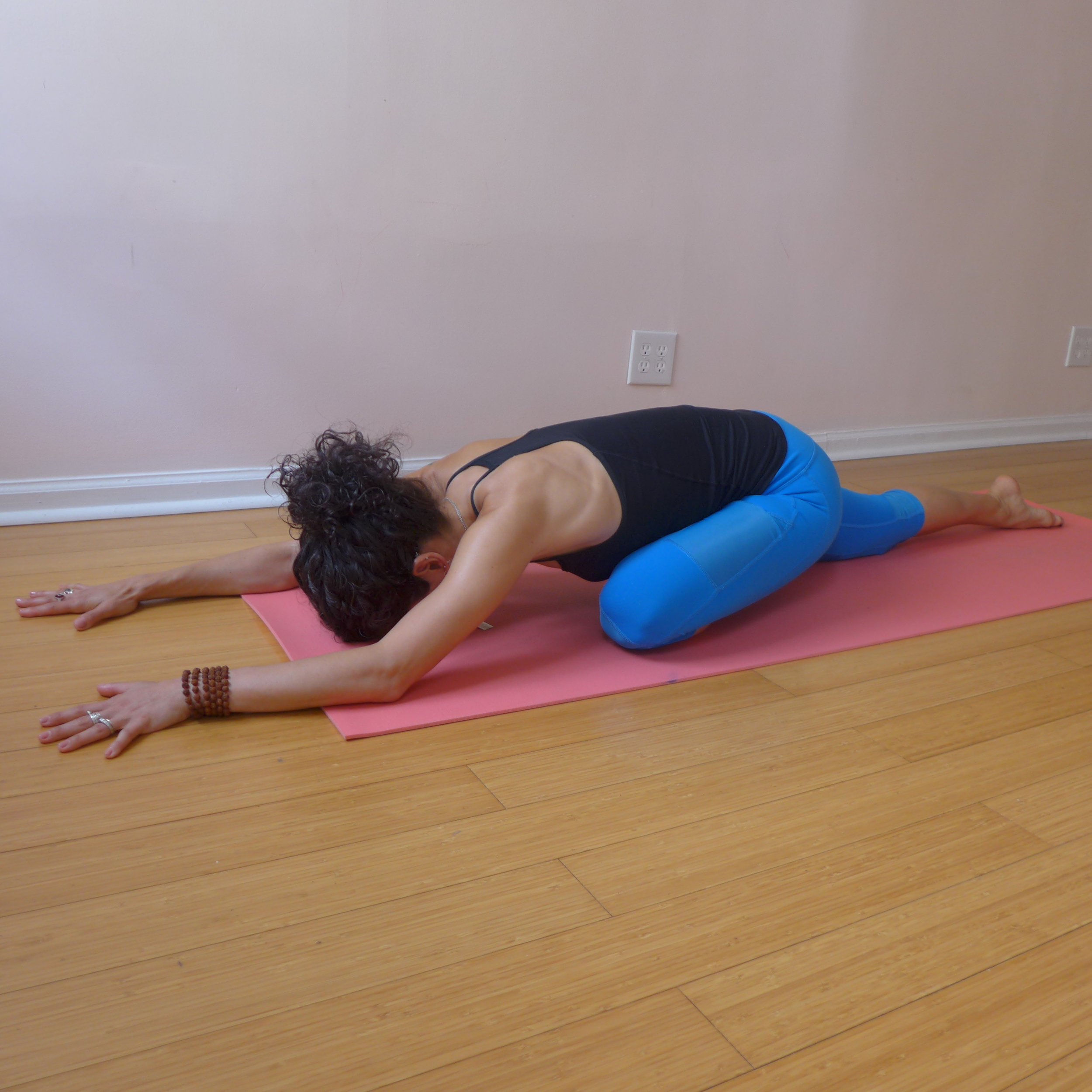 PIGEON: In pigeon, focus on the external rotation of the front thigh at the hip joint - this is the action that creates the stretch in the outer hip. Keep hips level, and activate the back leg to protect the front knee. Hold for 7 breaths then switch.