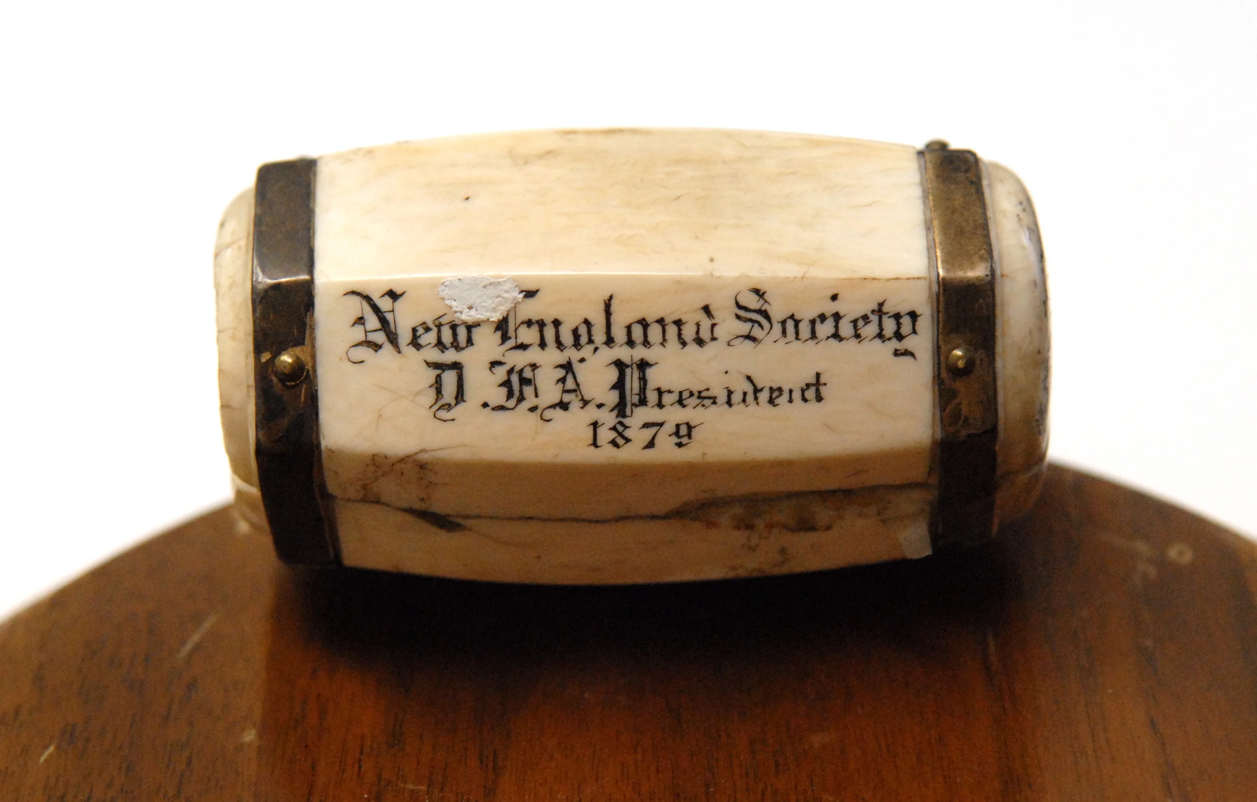 NES President's ivory-topped gavel, inscribed "New England Society, D.F.A, President, 1879". D.F.A. were the initials of the 19th President, Daniel F. Appleton, who served from 1877-1879.