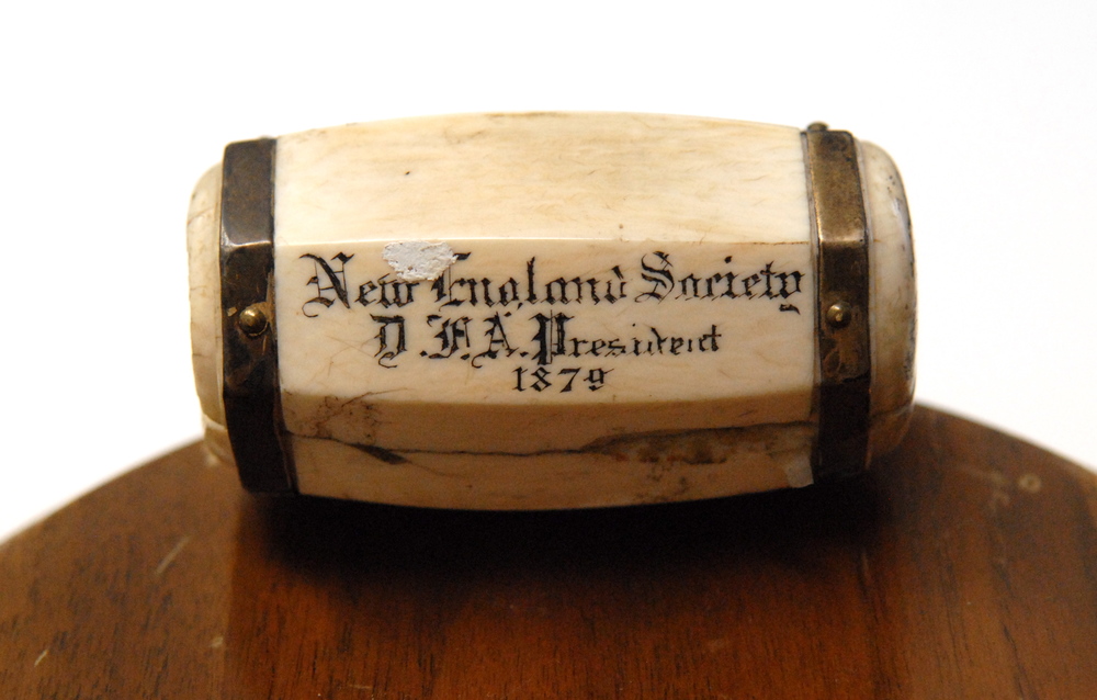 NES President's ivory-topped gavel, inscribed "New England Society, D.F.A, President, 1879". D.F.A. were the initials of the 19th President, Daniel F. Appleton, who served from 1877-1879.