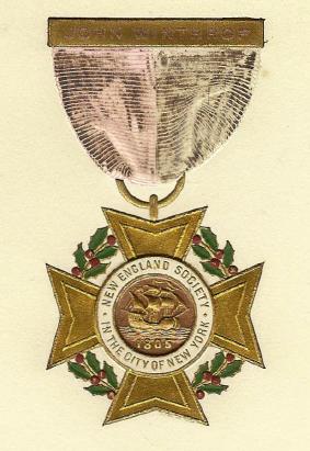 The New England Society insignia features the Mayflower, and holly and holly berries representing good will, defense, happiness, and foresight. This bronze and enamel medal was struck for the Society in the late 19th century.