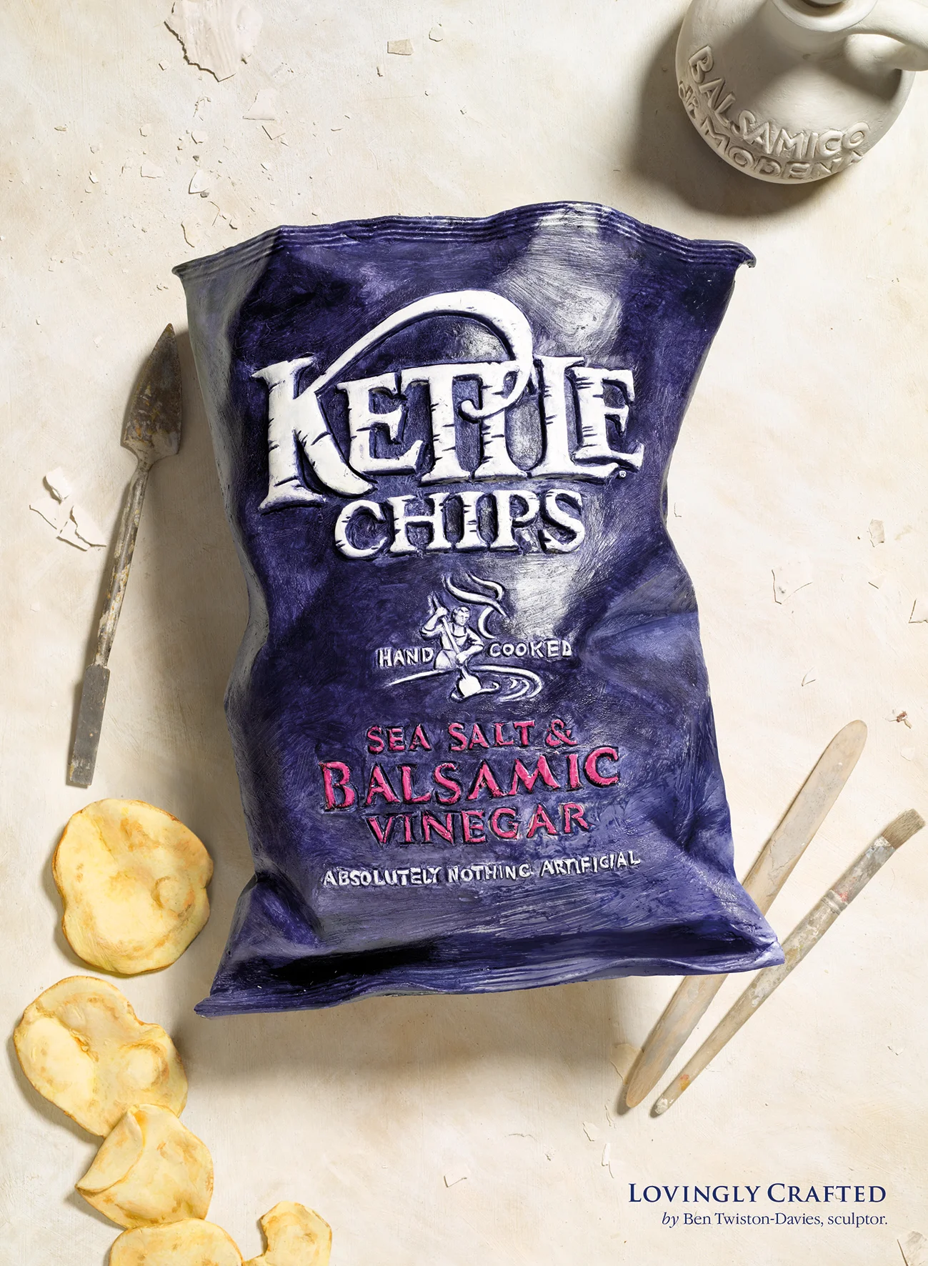 The next piece of work for Kettle Chips was a print campaign following on from the TV spot. Furthering the 'Lovingly Crafted' work, we enlisted more craftspeople to hand make packs of Kettle Chips, which we displayed along with the actual tools they used to create it.