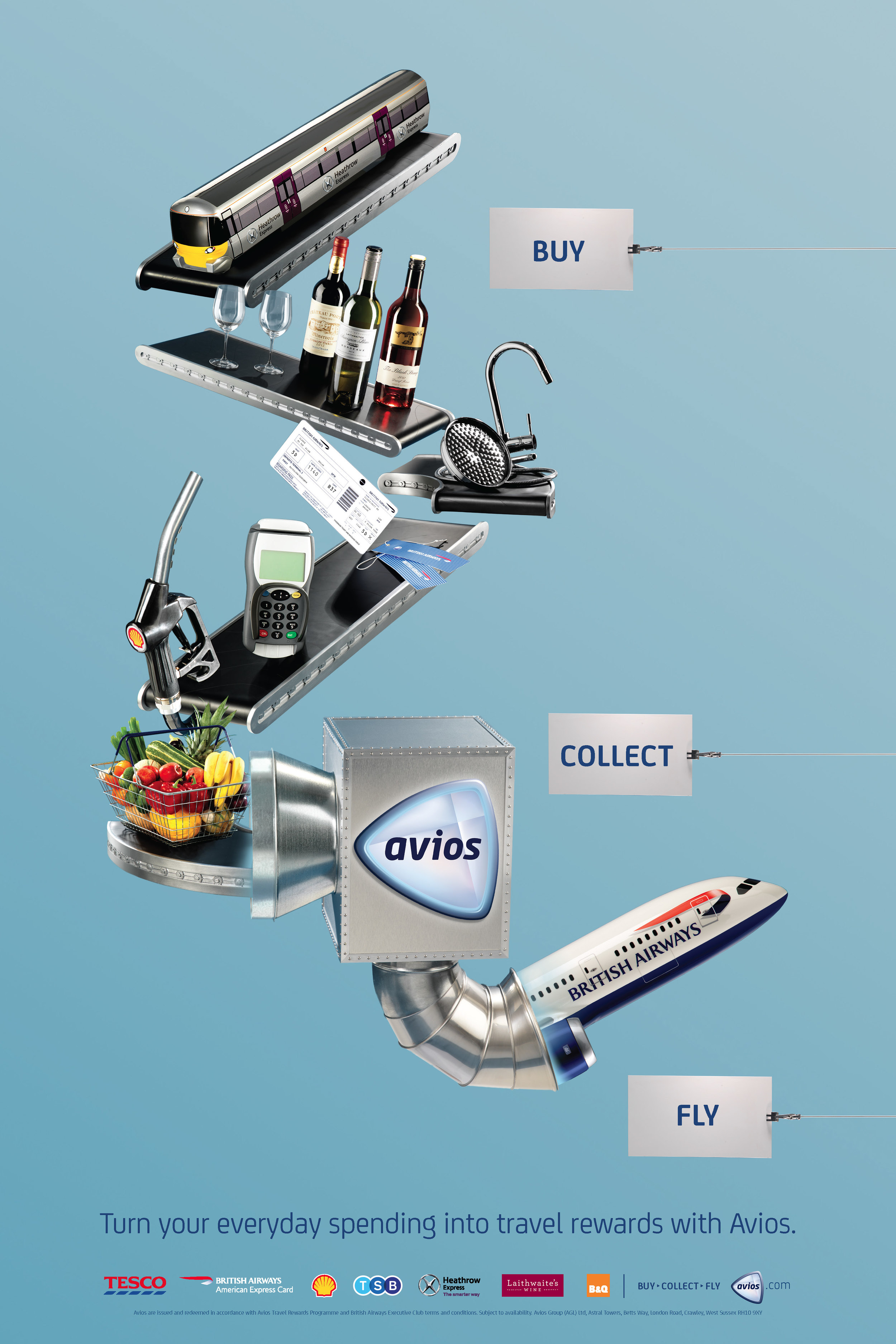Avios wanted to produce an outdoor advertising campaign to help people understand how the scheme works. To do this we turned Avios into a machine that takes things you buy, and turns them into flights.
