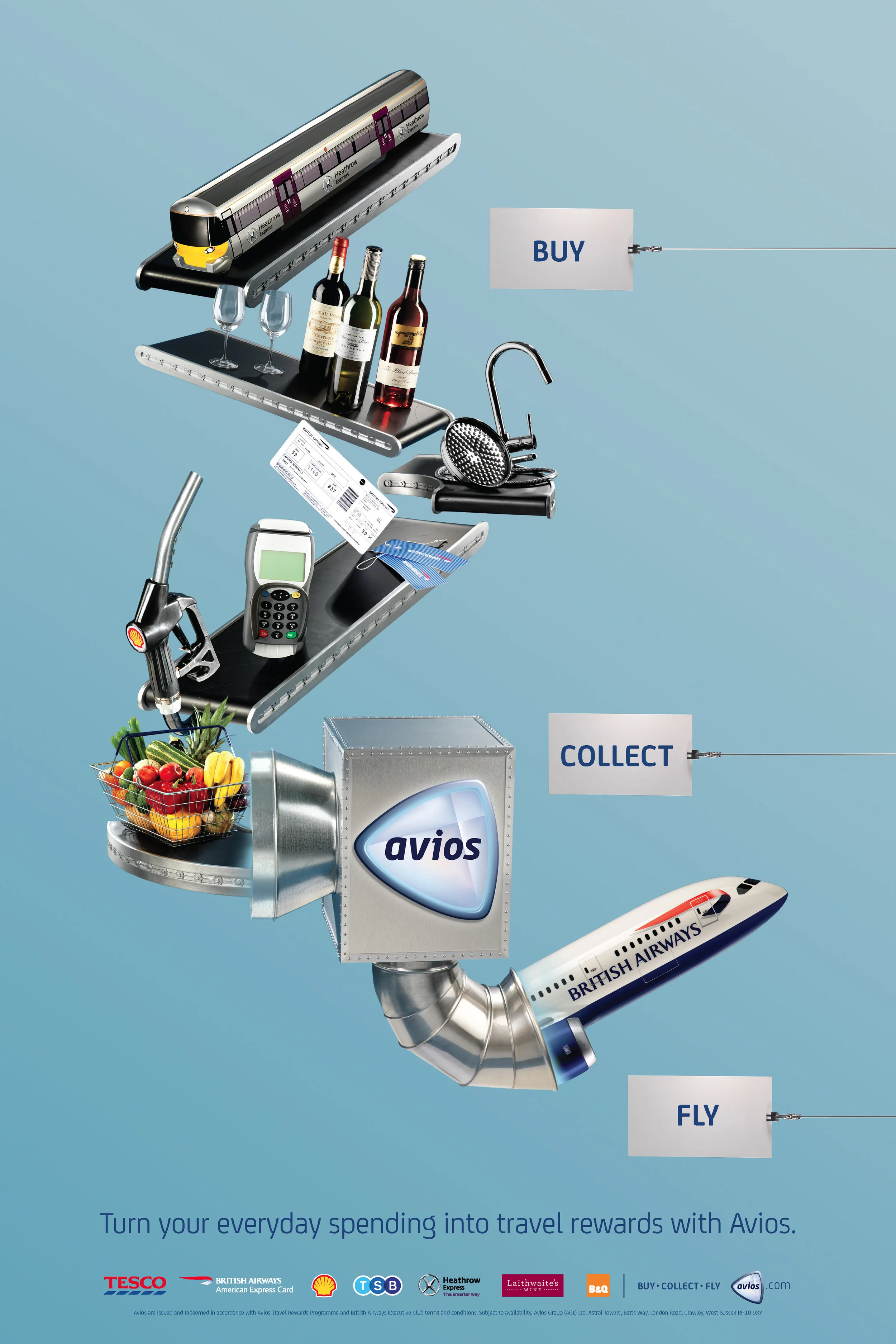 Avios wanted to produce an outdoor advertising campaign to help people understand how the scheme works. To do this we turned Avios into a machine that takes things you buy, and turns them into flights.