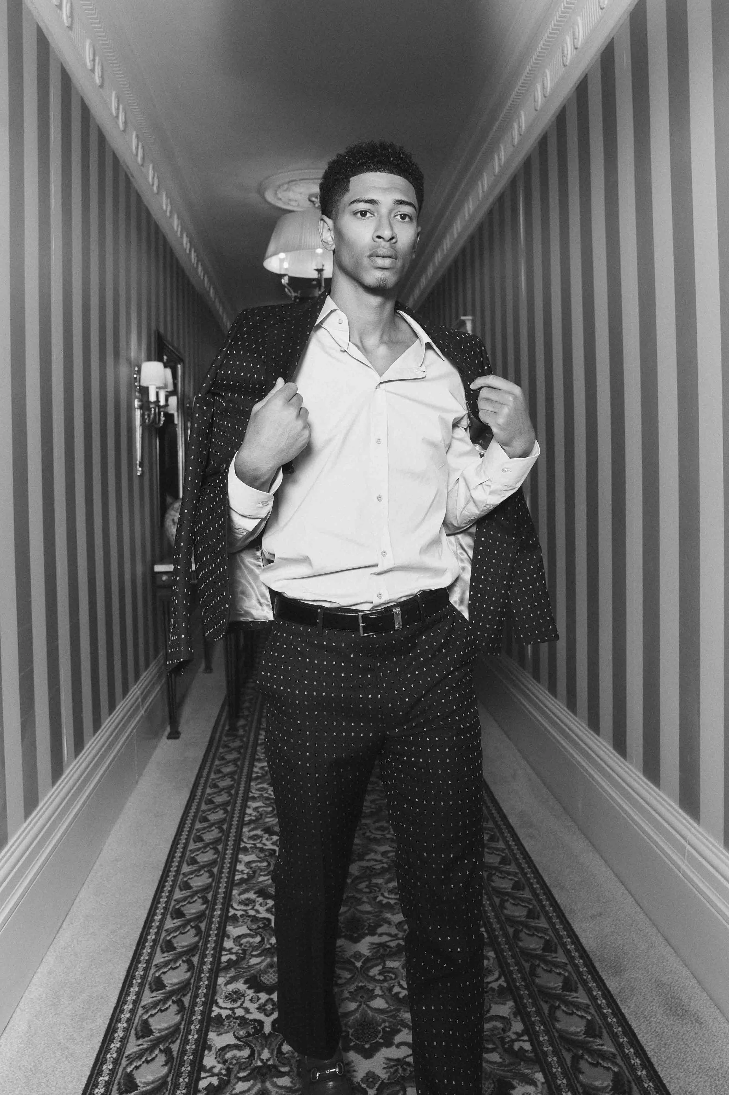 Jude Bellingham photographed in the hallway of the Savoy Hotel, London.