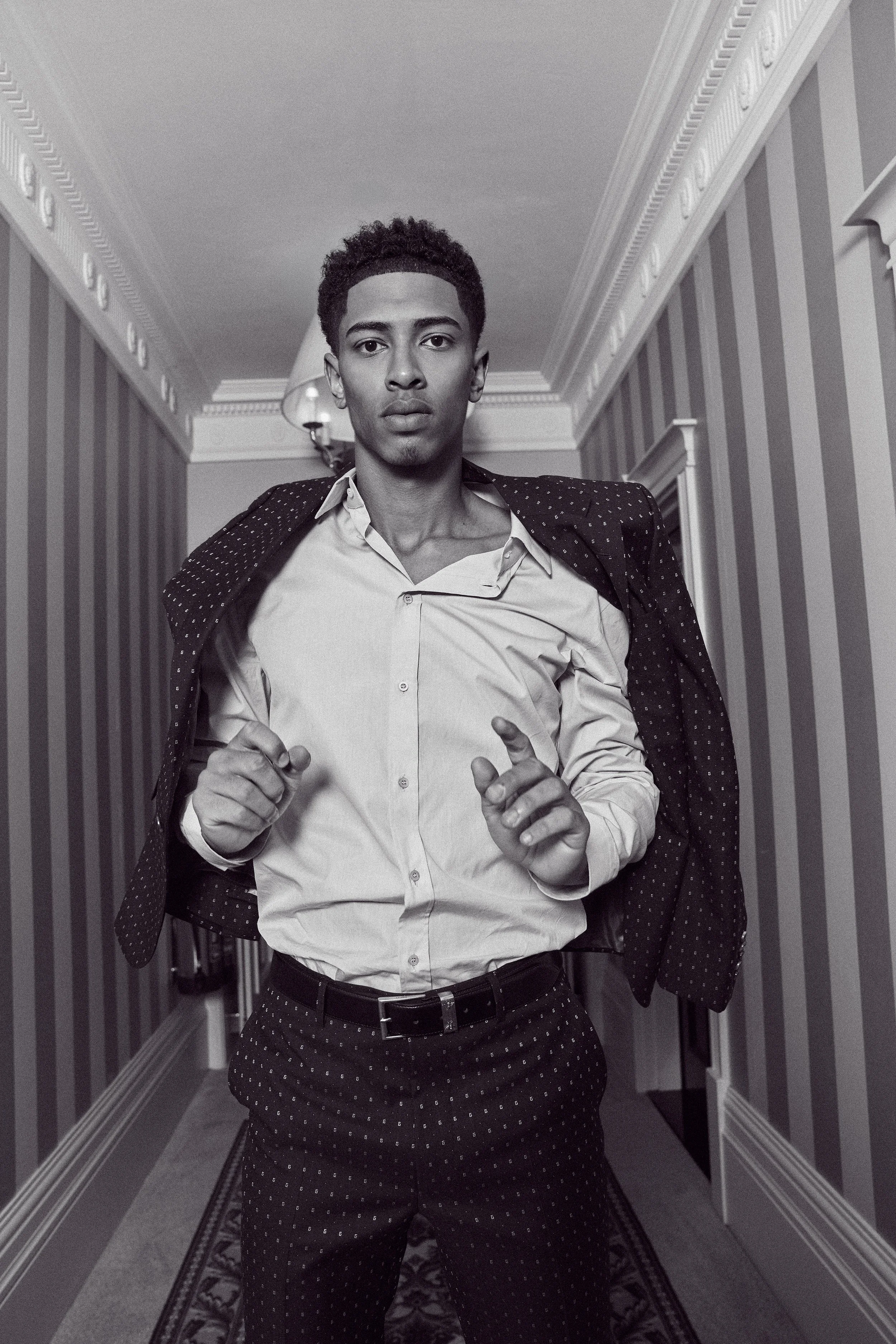Jude Bellingham photographed in the hallway at the Savoy hotel in London,