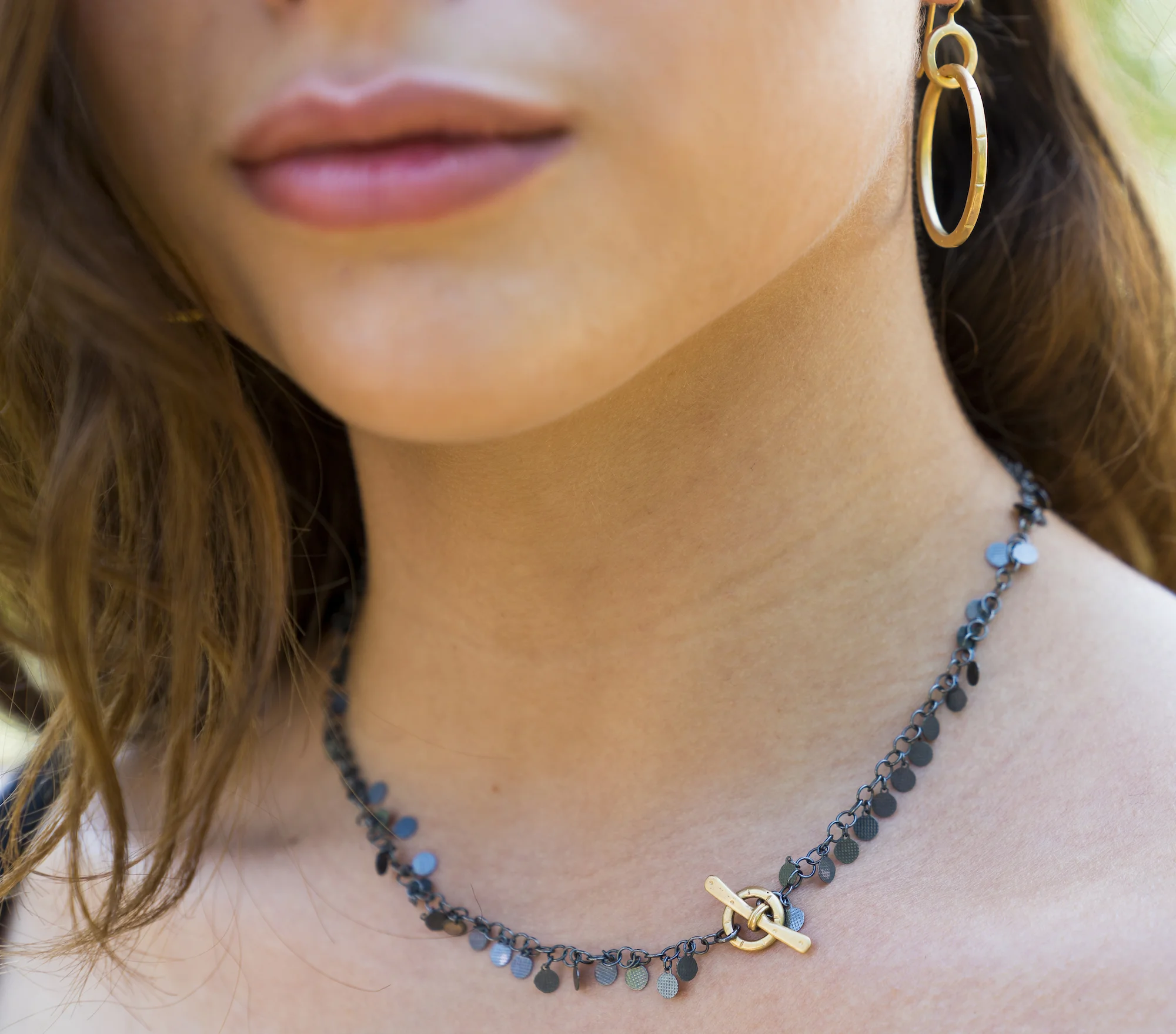 oxidized sterling silver disc chain with vermeil toggle clasp and betsy hoop earrings
