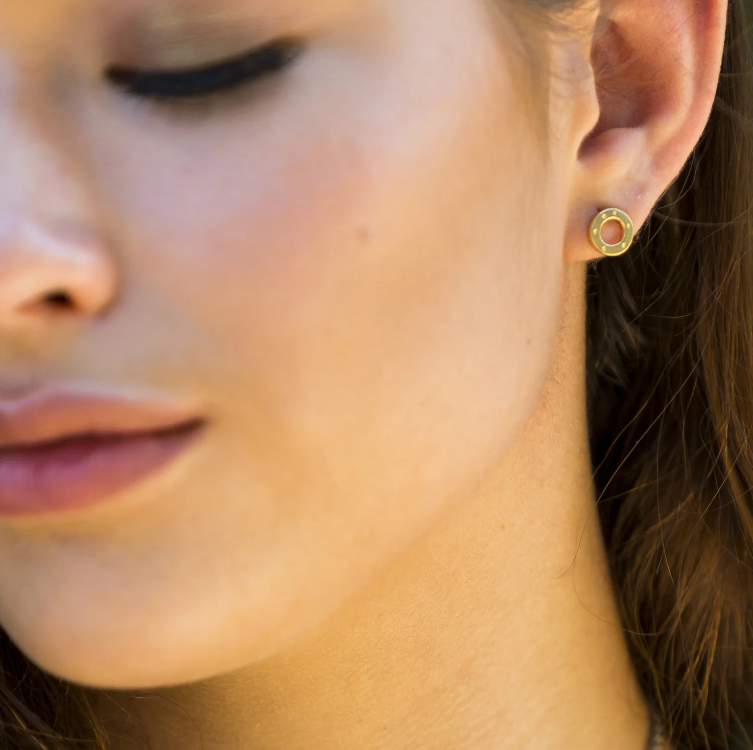Rose Gold Vermeil Circle Stud earring on model