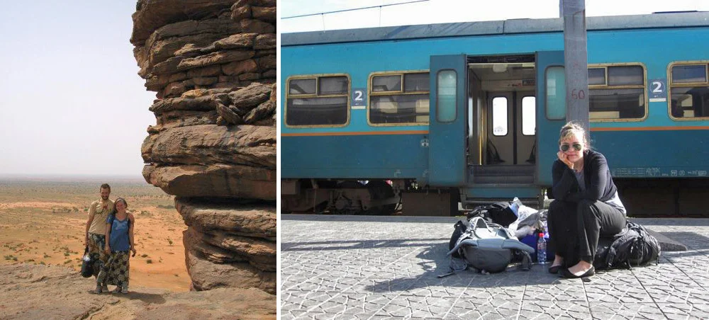In Dogon Country in Mali (hence the crazy wax print patterns), and at the train station in Rabat, Morocco.