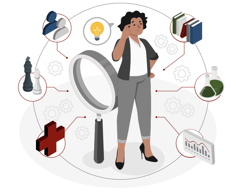Illustration of a woman standing next to a large magnifying glass, surrounded by icons representing teamwork, innovation, books, science, healthcare, and data analysis.
